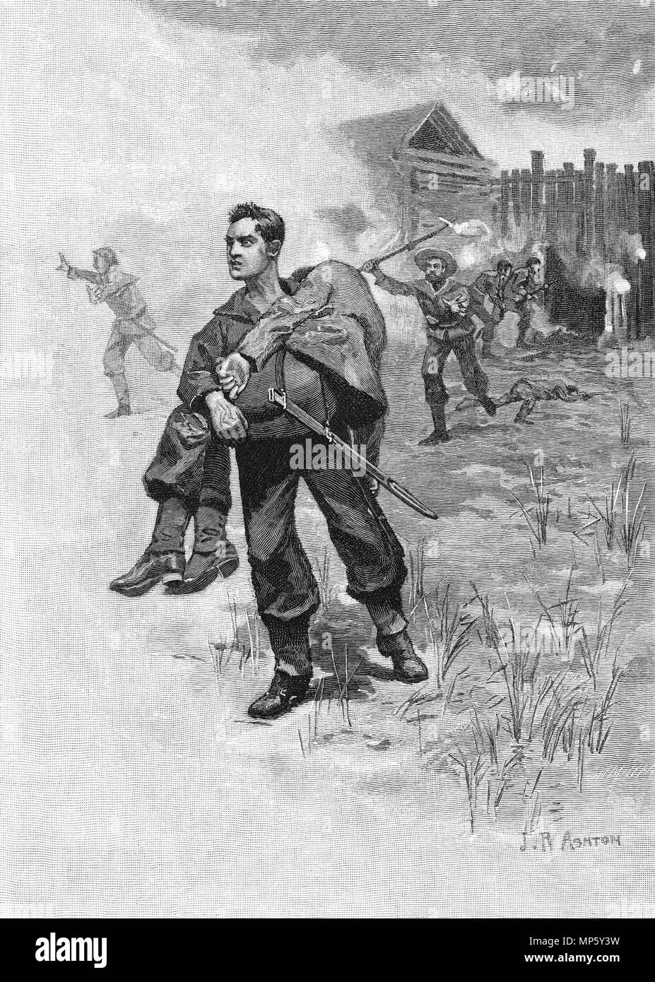 Gravure d'un soldat colonial transportant un camarade à la sécurité durant le siège de la porte d'Ap en Nouvelle-Zélande guerres terrestres. À partir de l'Atlas pittoresque d'Australasie Vol 3, 1886 Banque D'Images