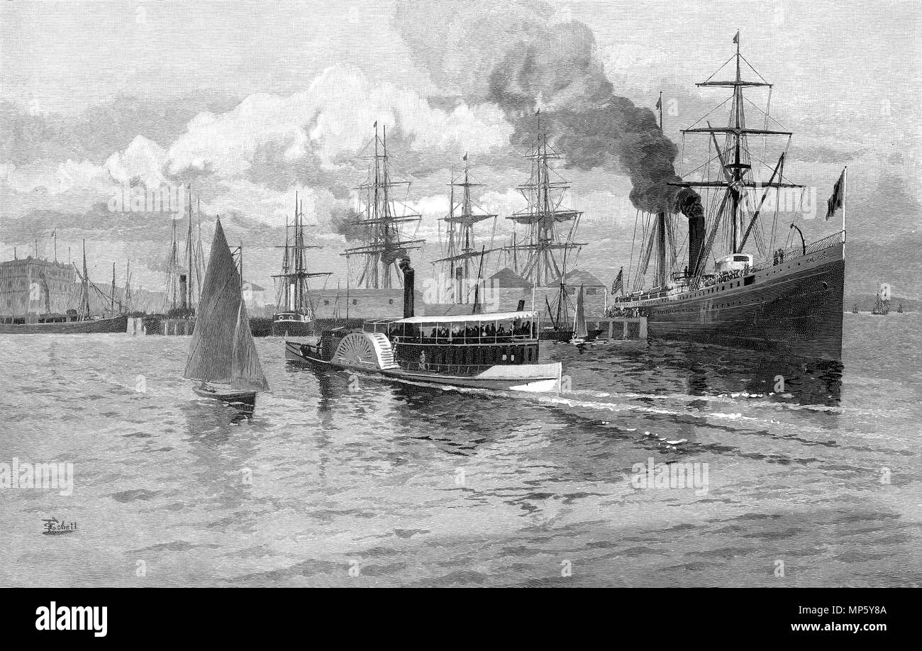 Gravure du mail steamer voile à Auckland, en Nouvelle-Zélande. À partir de l'Atlas pittoresque d'Australasie Vol 3, 1886 Banque D'Images