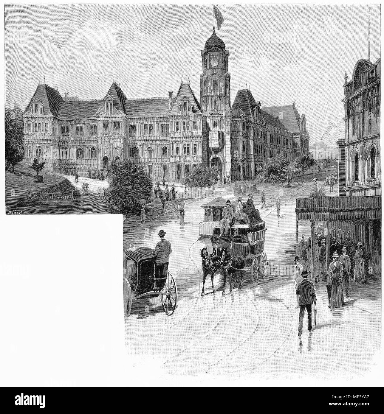 Gravure de la bibliothèque publique d'Auckland, Nouvelle-Zélande. À partir de l'Atlas pittoresque d'Australasie Vol 3, 1886 Banque D'Images