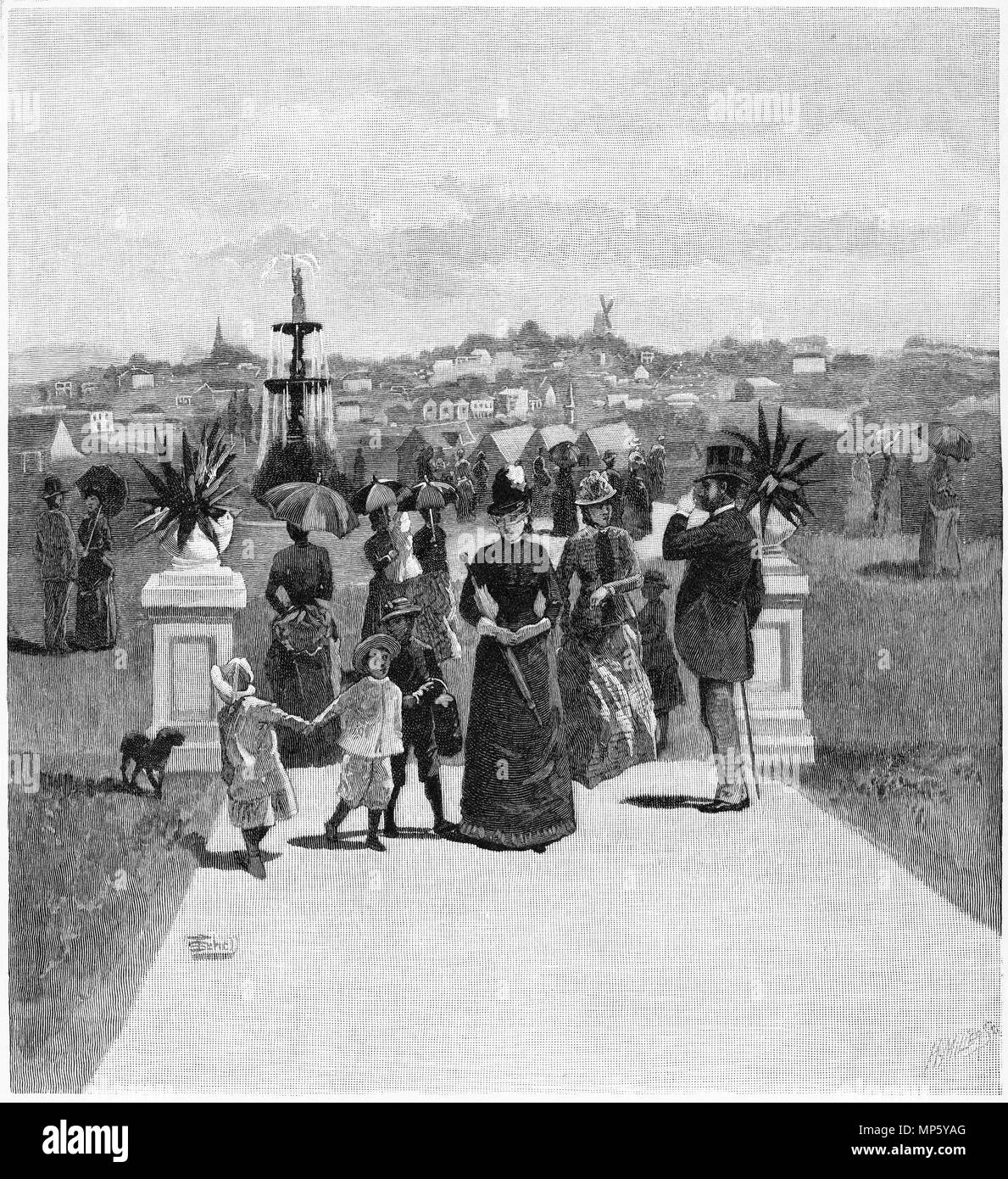 Gravure de l'ancien moulin à vent et de l'Albert Park, Auckland, Nouvelle-Zélande, dans les années 1880. À partir de l'Atlas pittoresque d'Australasie Vol 3, 1886 Banque D'Images