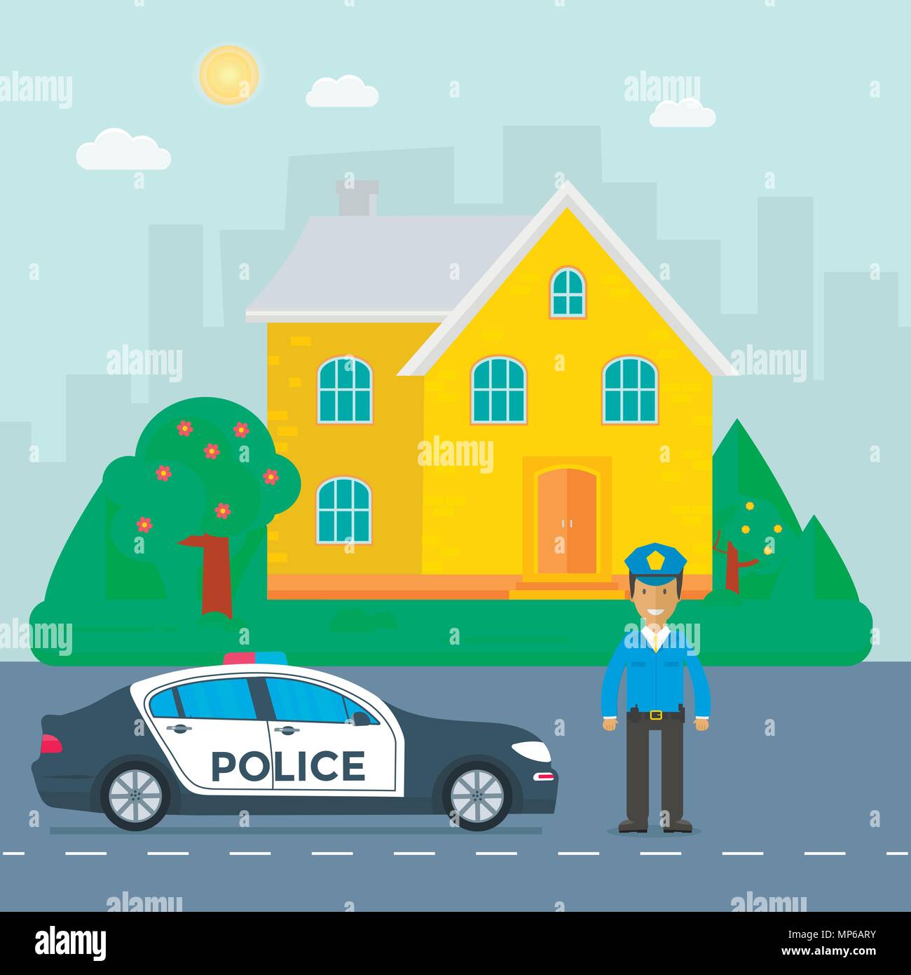 Patrouille de police sur une route avec une voiture de police, direction, maison, nature paysage. Policier en uniforme, Véhicule avec feux clignotants sur le toit. Télévision mauvais vecteur Illustration de Vecteur