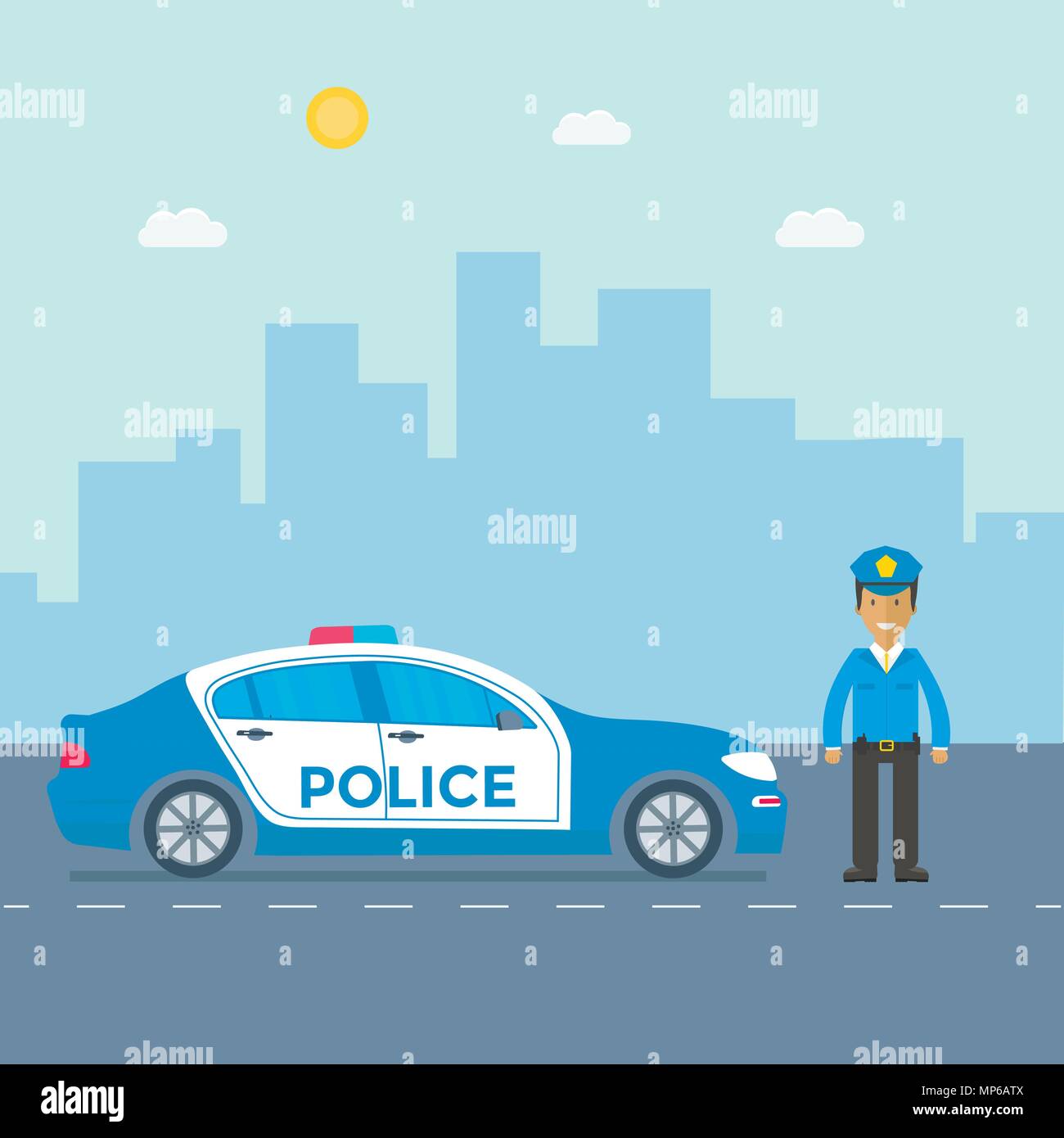 Patrouille de police sur une route avec une voiture de police, officier ...