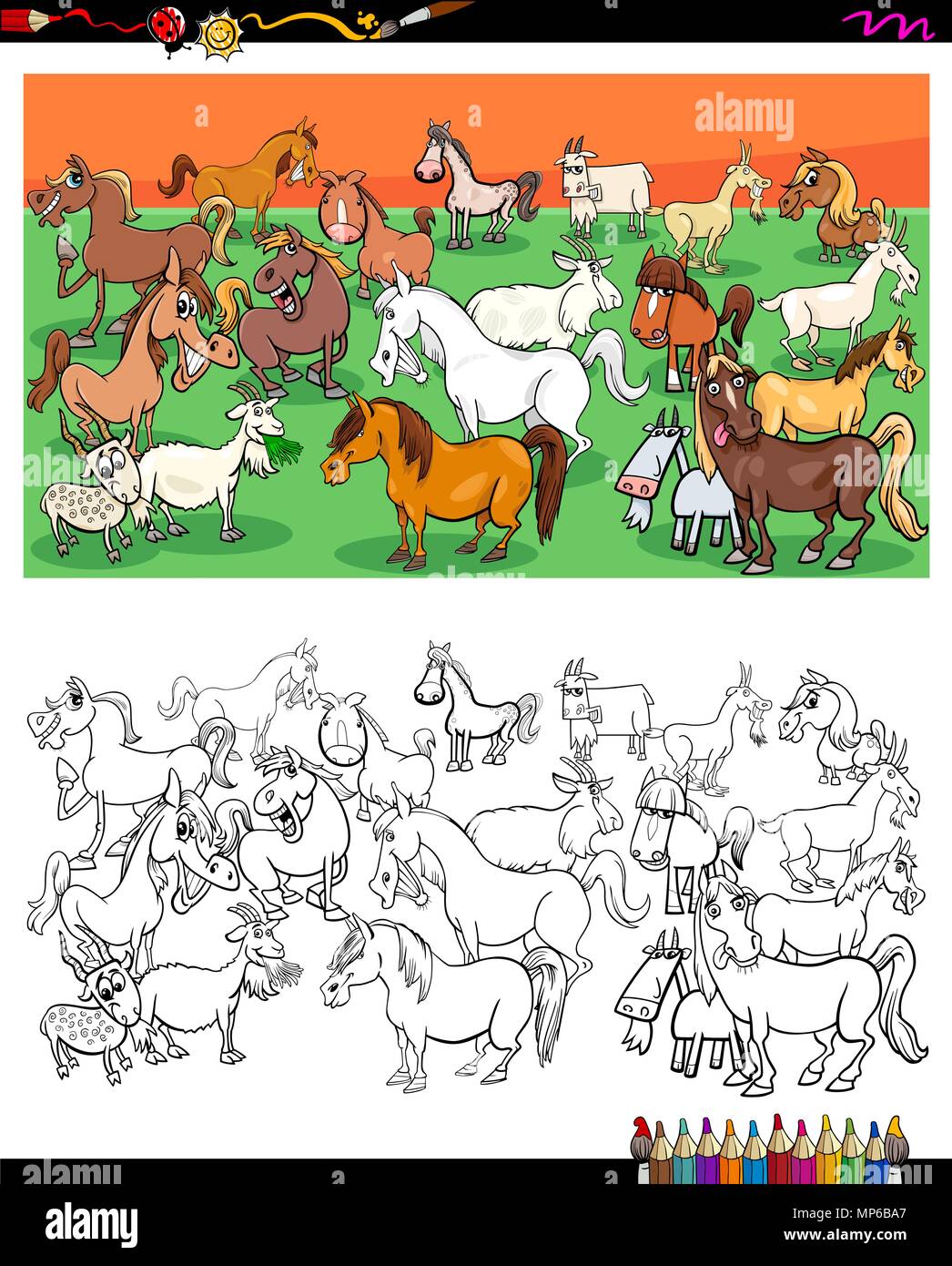 Cartoon Illustration de chevaux et chèvres des caractères des animaux de ferme de l'activité de coloriage de groupe Illustration de Vecteur