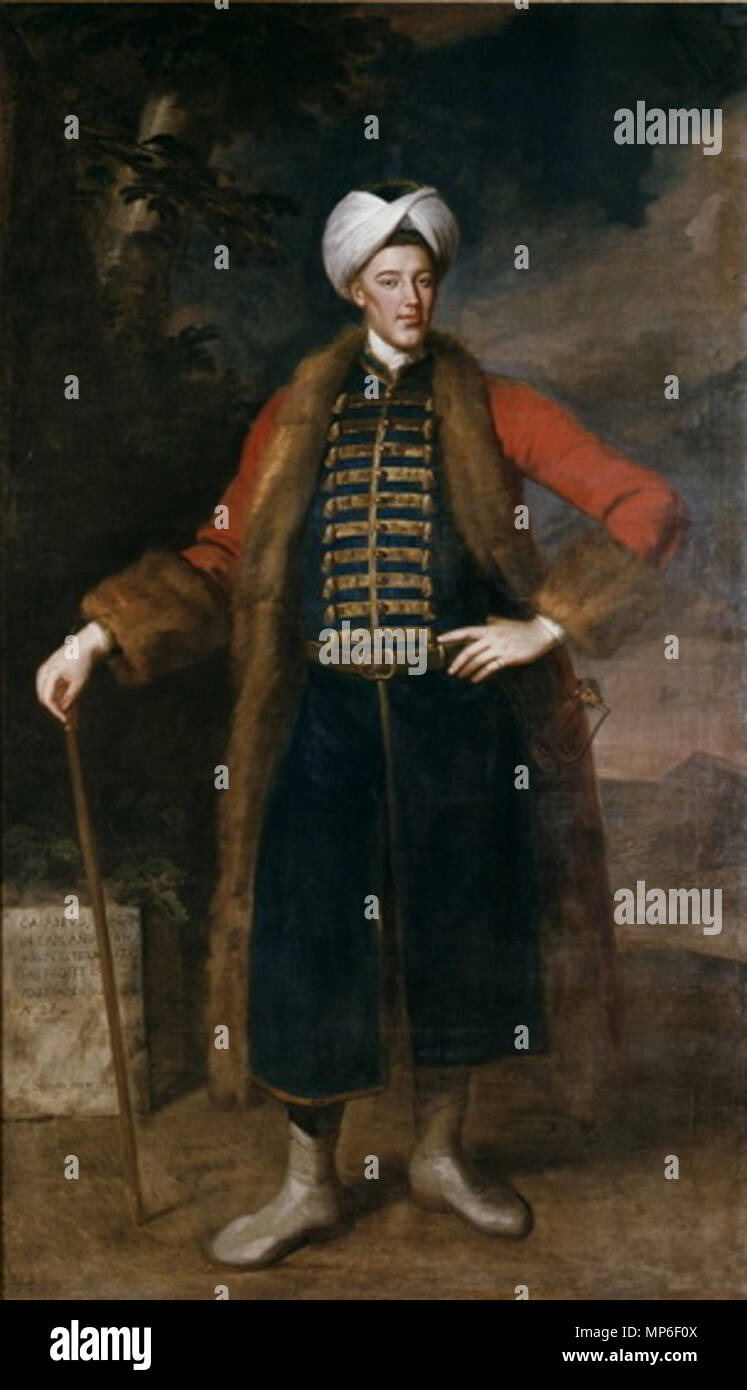 Daniel Cajanus . Enoch Seeman (1694/95-1744) a peint la meilleure qualitativement l'un en 1734. La toile de 315 x 183 cm (10 pieds 4 pouces x 6 pieds) a vraisemblablement été commandée par Jean, comte de Montague, vivant dans la région de Kettering, Boughton House en Angleterre. Le portrait s'installe à Dalkeith House en Ecosse après le mariage de la petite-fille de John Montague et le comte de Buccleuch. Il est actuellement exposé au Musée National de Finlande à Helsinki, Finlande, qui possède la peinture depuis 1975. Il montre dans une tenue militaire Cajanus avec tressage, turban et une fourrure Banque D'Images