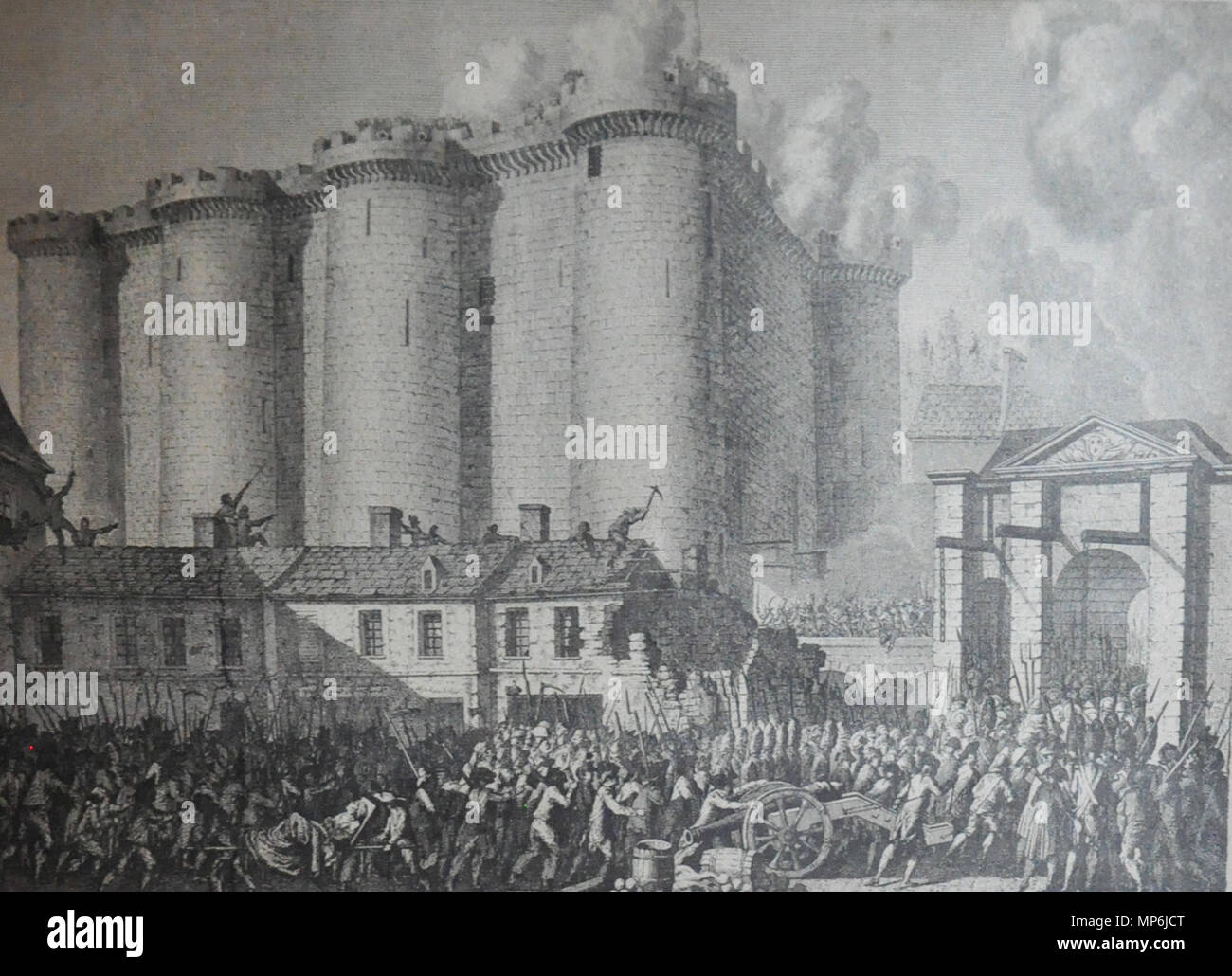 . Anglais : Prise de la Bastille, le 14 juillet 1789. La gravure française en 1897. Français : Prise de la Bastille, gravure " "d'après des estampes d'époque " parue en 1897 dans les " Annales politiques et littéraires " . 13 juillet 2015, 12:23:29. Philippe Alès 1029 Prise de la Bastille, le peuple entre Banque D'Images