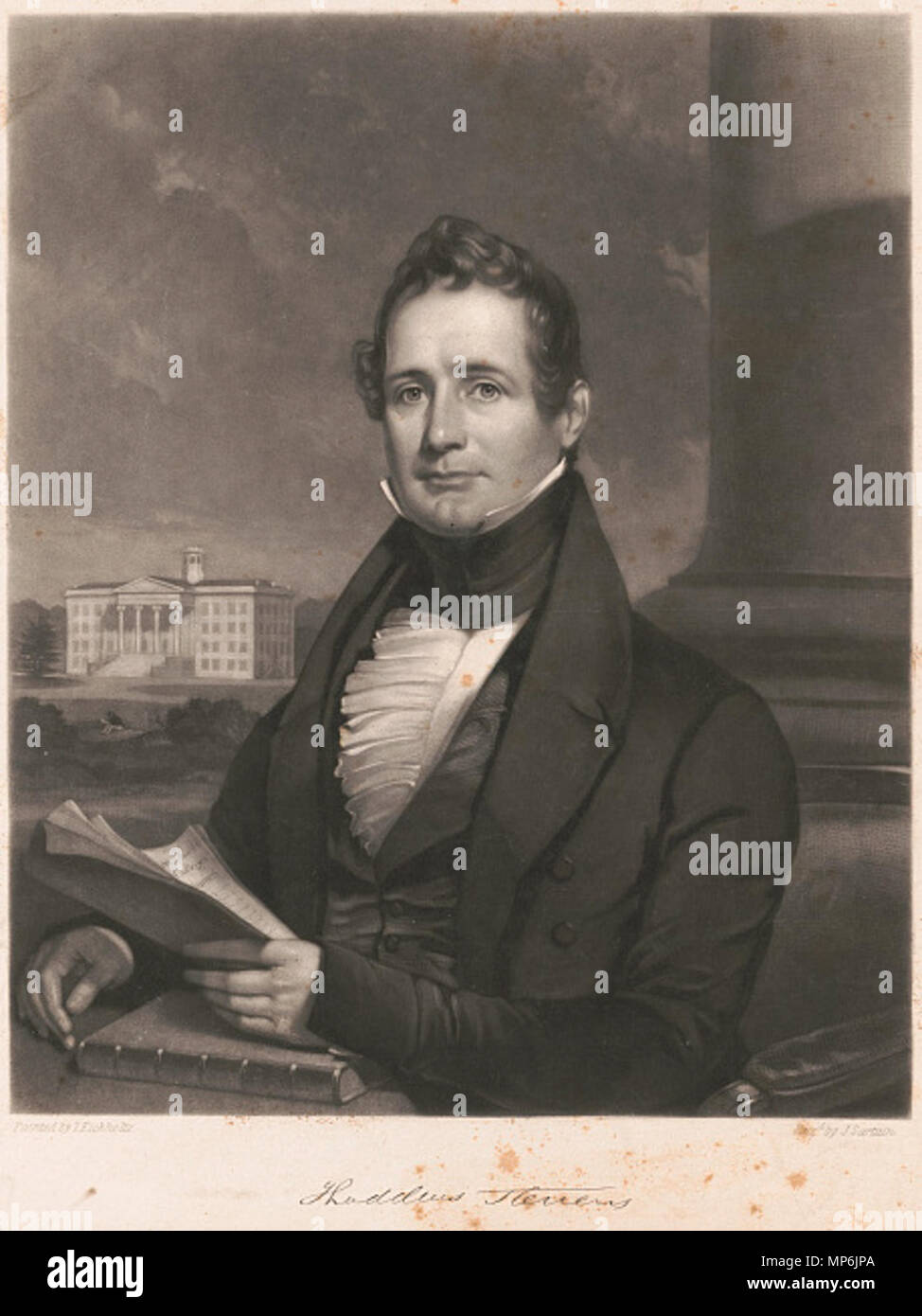 . Anglais : Thaddeus Stevens montre d'impression, half-length portrait, de face, tenant dans la main gauche, documents reposant sur livre. Inclut des fac-similé de signature. . 19 août 2015, 07:02:06. Thaddeus Stevens 1167 peint par J. Il, gravée par J. Sartain (rognée) Banque D'Images