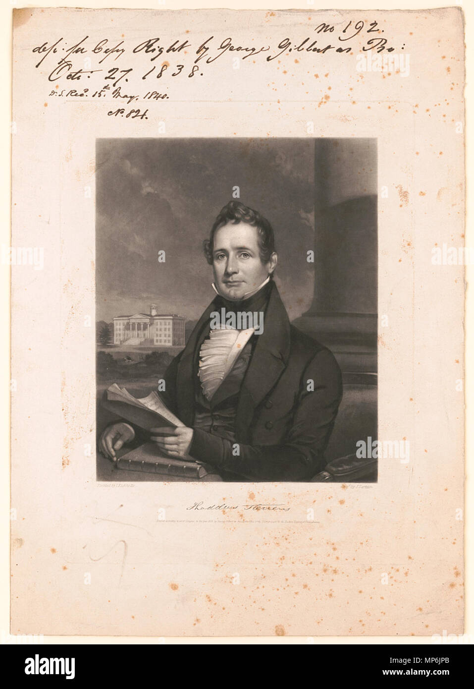 . Anglais : Thaddeus Stevens montre d'impression, half-length portrait, de face, tenant dans la main gauche, documents reposant sur livre. Inclut des fac-similé de signature. . 19 août 2015, 07:02:06. Thaddeus Stevens 1167 peint par J. Il, gravée par J. Sartain Banque D'Images
