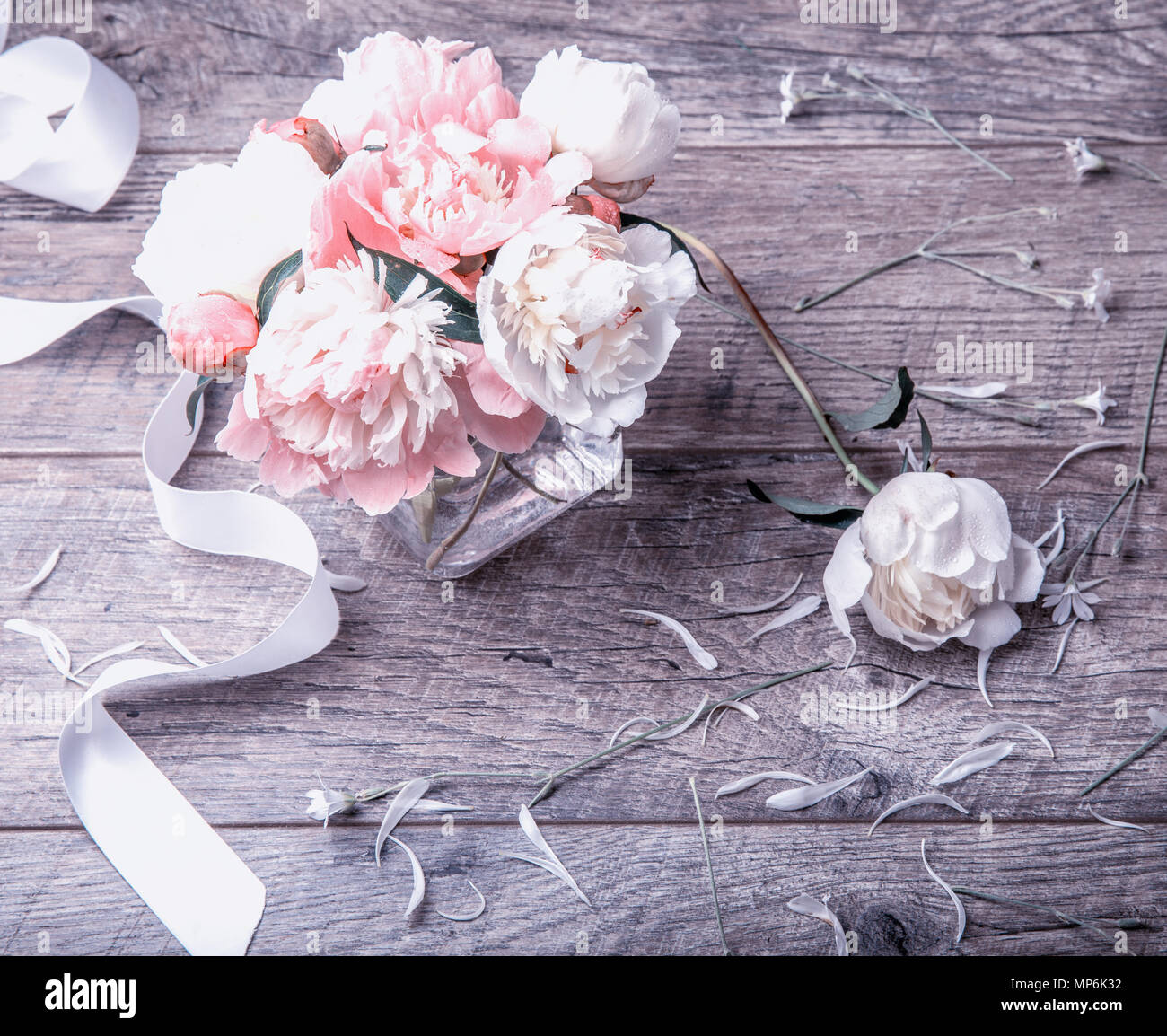 Pivoine Rose Blanche Et Delicate De Petales De Fleurs Et Ruban Blanc Sur Planche De Bois Pivoine Rose Blanche Et Delicate De Petales De Fleurs Et Ruban Blanc Sur Planche De Bois