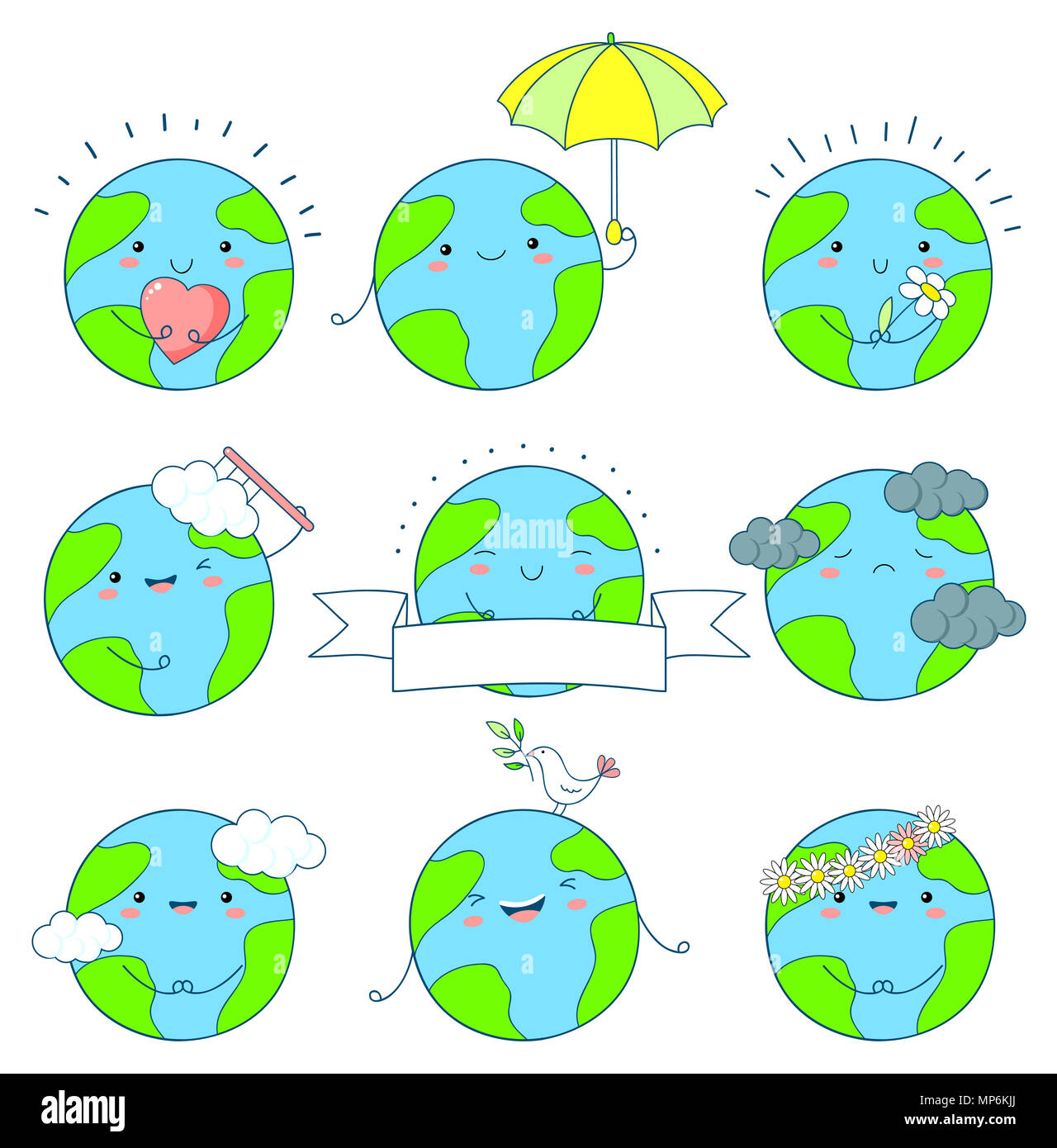 Ensemble d'icônes de la Terre cute kawaii style avec sourire et joues roses. Planètes avec fleur, coeur, parapluie. Spe8 Banque D'Images