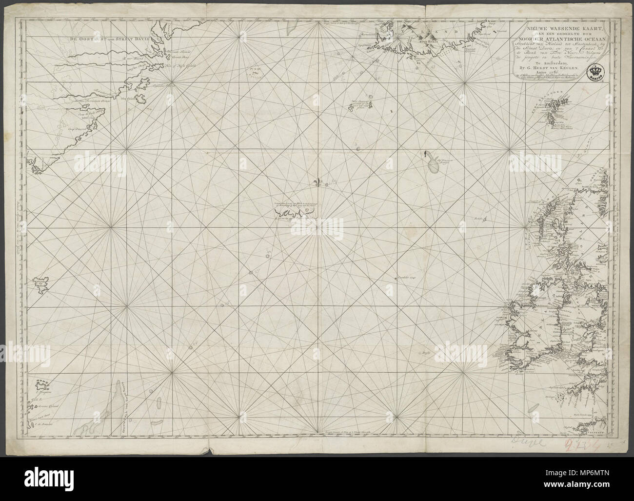 . Nederlands : Nieuwe Wassende Kaart van een habitude der Atlantische Oceaan Noorder ; van Strekkende Staatenhoek Hitland tot, par die Straat Davis ; en van 't Canaal tot de Bank van Terre Neuve enz. 1786 Koperdruk Groot 0 715 - 1,02 El. 1786. Centraal Archief - Kaartenverzameling Marine 932 NL-HaNA 4.MCAL 2134A Banque D'Images
