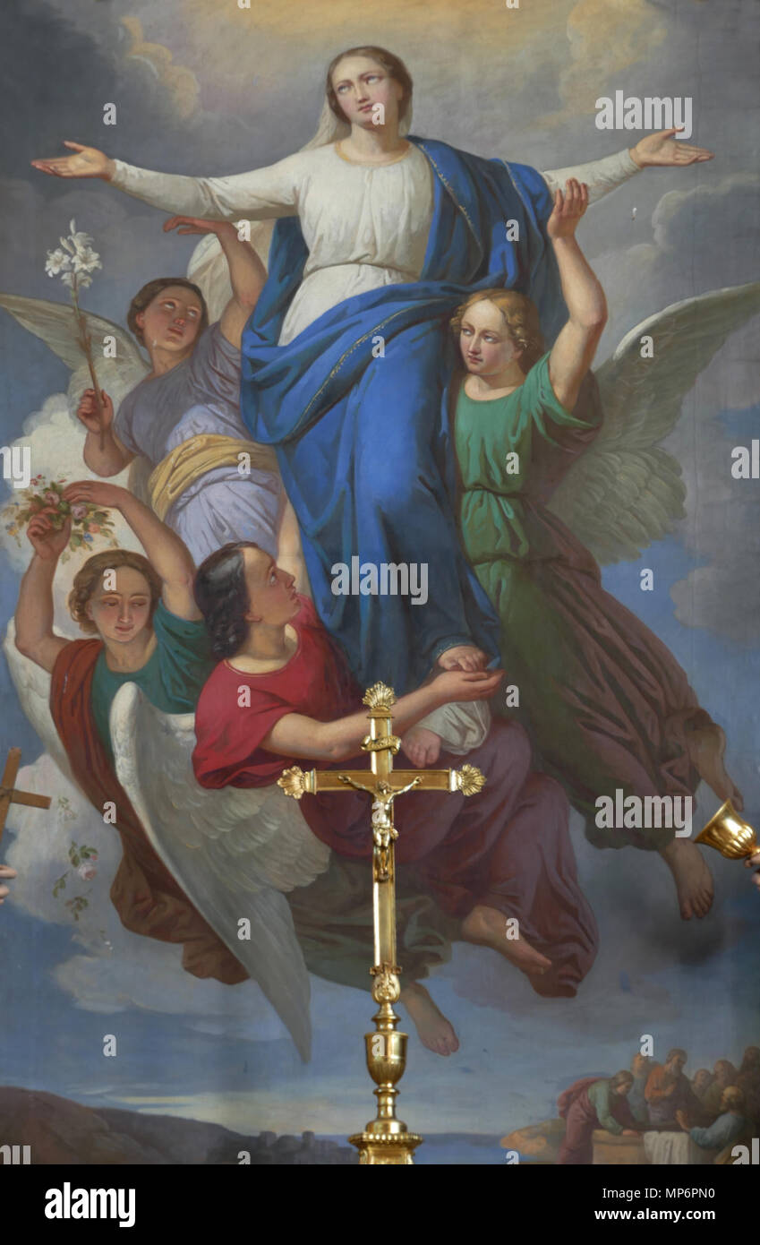 . English : Alsace, Bas-Rhin, Église Saint-Jean-Baptiste de Saessolsheim (PA67000005, IA67009190). Tableau 'Assomption de Marie' (Inconnu, huile sur toile, XIXe) : Cet objet est indexée dans la base Palissy, base de données du patrimoine mobilier français du ministère français de la culture, sous la référence IM67013045. Brezhoneg | Français | Deutsch | English | Español | Français | English | Deutsch | Italiano | Português | Plattdüütsch |  +/- . 29 septembre 2016. © Ralph Hammann - Wikimedia Commons 1083 Saessolsheim StJeanBaptiste 40-03 Banque D'Images