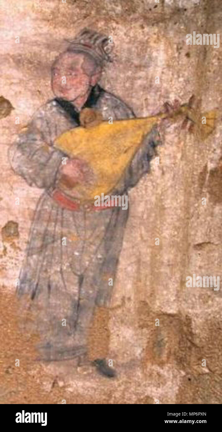 1280 Dynastie Yüen peinture murale d'un homme jouant de la Pipa Banque D'Images