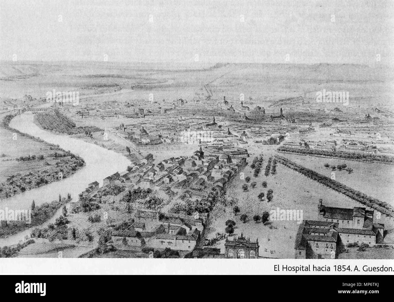 . Español : Ciudad de Valladolid (Espagne), gravure de Alfred Guesdon. A la izquierda el río Pisuerga y al Frente, un poco a la derecha se puede apreciar el edificio del Hospital de la Resurrección junto al Campo Grande . 1 février 2017, 18:59:06. Alfred Guesdon 1854 Valladolid 1219 Vista lejana Resurreccion Hôpital Guesdon 1854 NC Banque D'Images