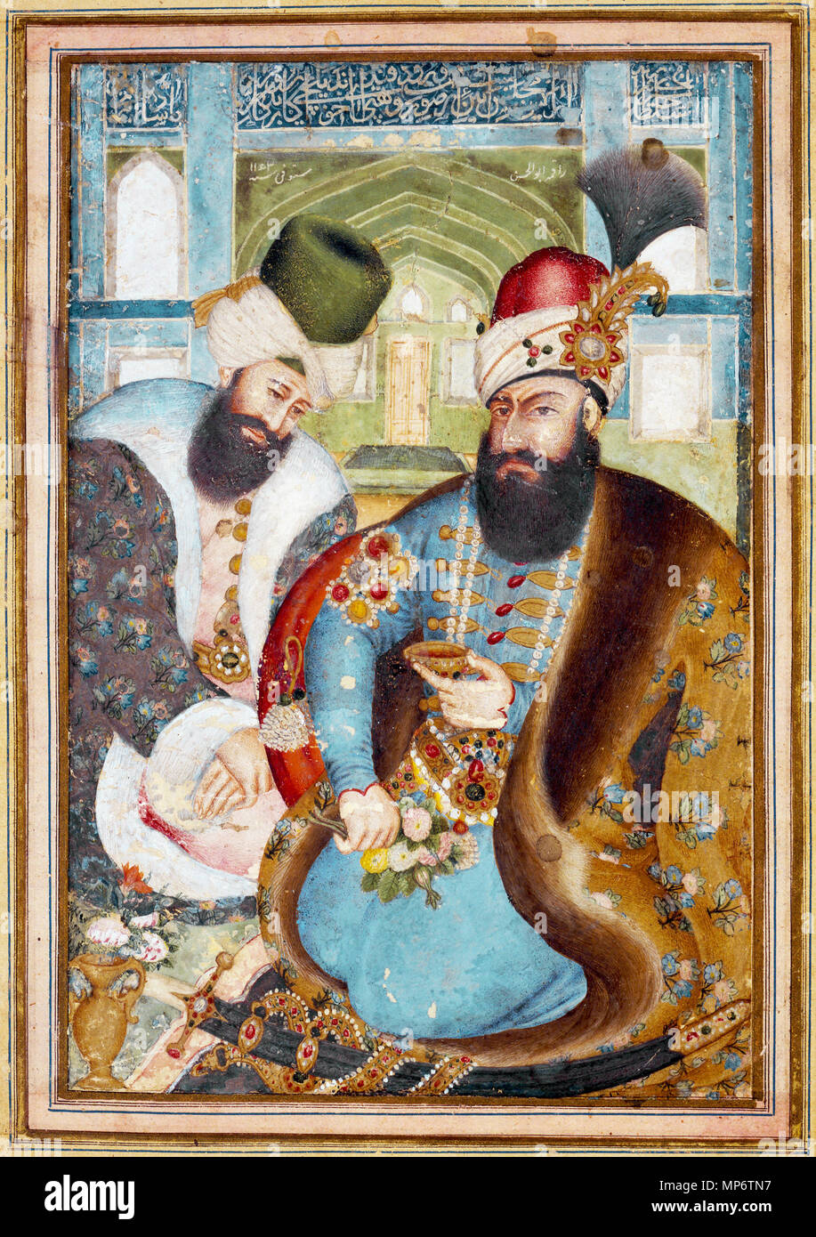 Miniature 896 collés sur carton. "Karim Khan Zand avec l'Ambassadeur Ottoman Vehbi Effendi". Attribuée à Abu'l Hasan Mustawfi Iran ; 1775- Sahand Ace Banque D'Images