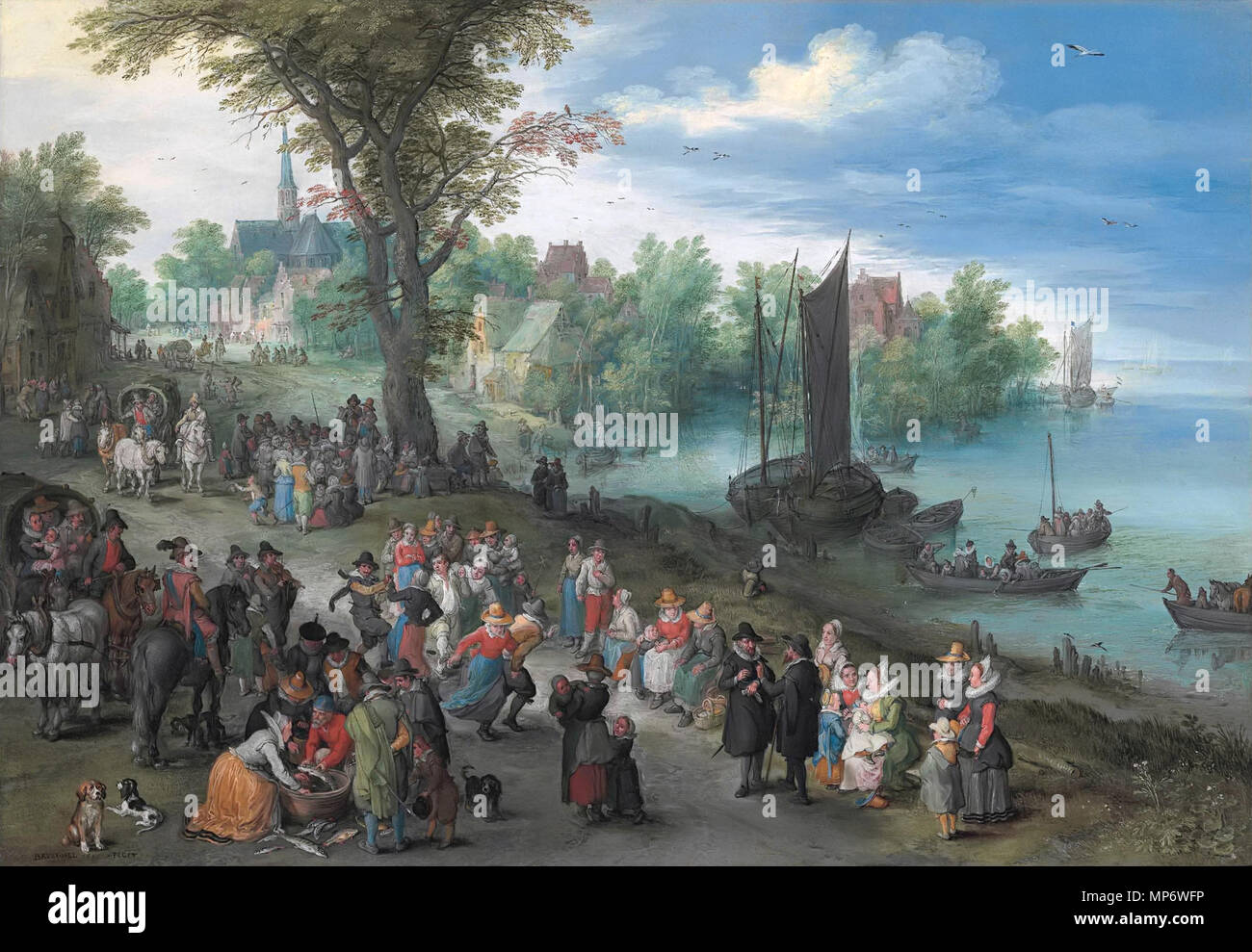 La danse des chiffres sur le bord d'une rivière avec un vendeur de poisson, avec un portrait de l'artiste au premier plan *huile sur cuivre 25,5 x 37,5 cm * *signé b.l. : BRVEGHEL FECIT 1616 personnes dansant sur une rive du fleuve par Jan Brueghel l'ancien 972 personnes dansant sur une rive du fleuve par Jan Brueghel l'ancien Banque D'Images