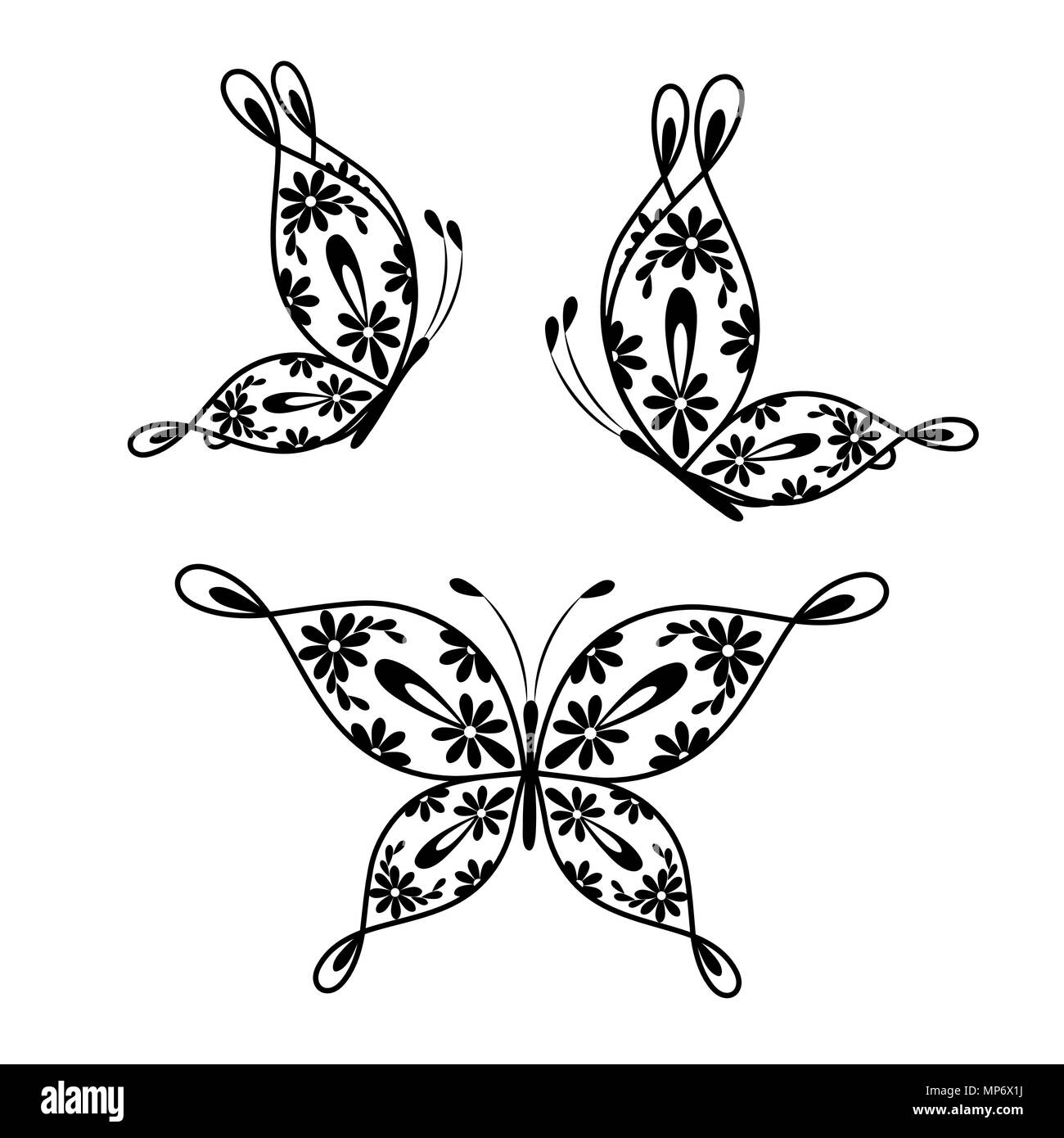 Beaux papillons avec motif floral. Illustration de Vecteur