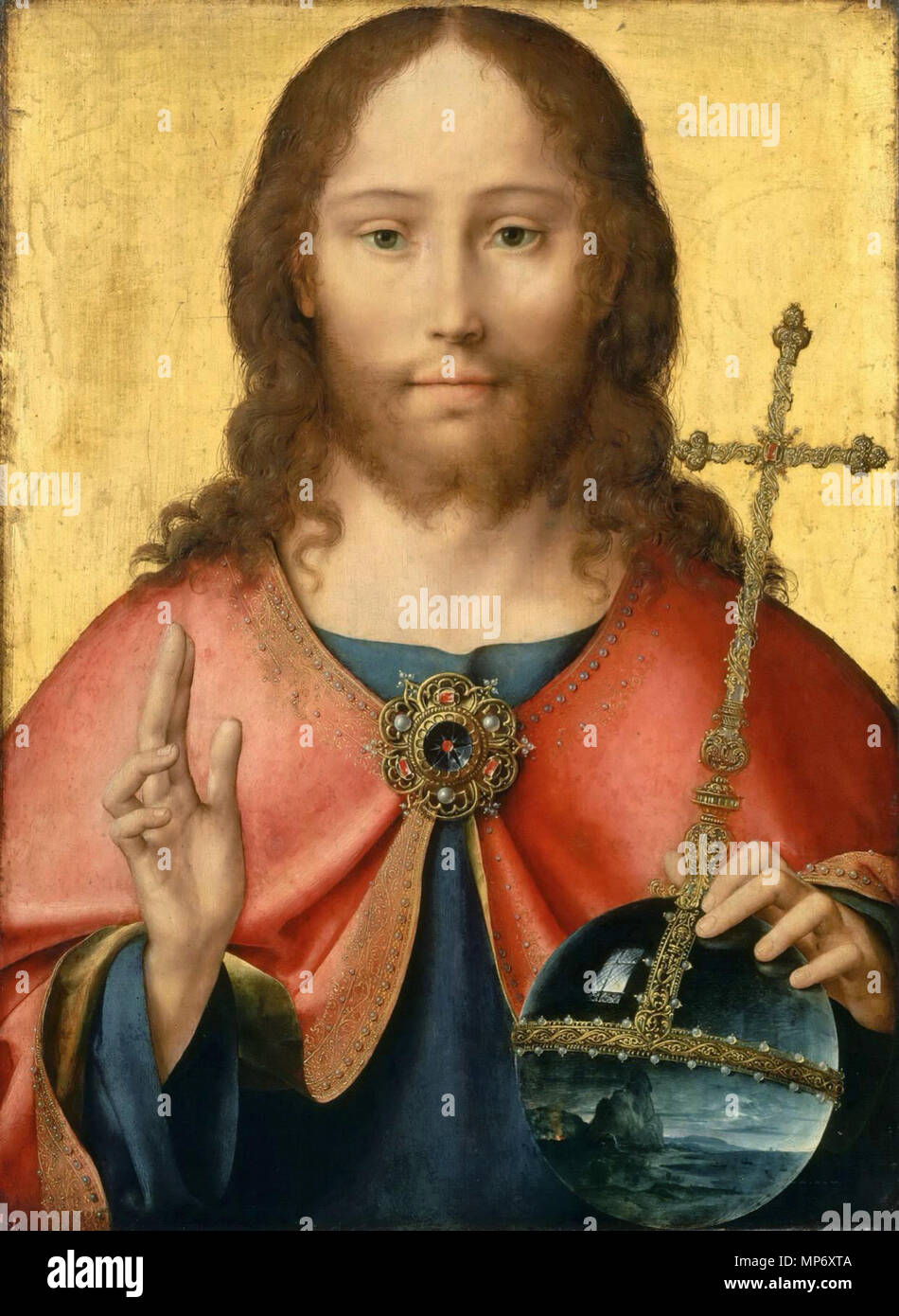 . Le Christ en Salvator mundi . circa 1516-18. Joos van Cleve (vers 1485 - 1540/1541) noms alternatifs Joos van der Beke, Joos van der Beken, Joos van Cleef, maître de la mort de la Vierge Description peintre flamand et rapporteur pour avis Date de naissance/décès vers 1485 entre le 10 novembre 1540 et 13 avril 1541 Lieu de naissance/décès Clèves ( ?) lieu de travail d'Anvers (vers Kalkar 1505-1508), Bruges (1507-1511), Anvers (1511-1540), la France (1529), Londres (1535-1536) le contrôle d'autorité : Q153472 : VIAF 69201794 ISNI : 0000 0001 1877 5443 ULAN : 500007799 RCAC : nr91022860 35198788 NLA : W Banque D'Images