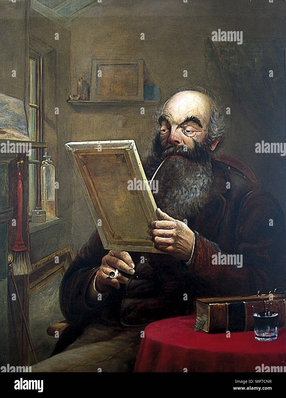 John Burton (1799-1882), bienfaiteur de la galerie. John Burton est assis en train d'envisager la peinture il tient en main. Il est fumeur une longue pipe en argile. Il a une grosse barbe et tête chauve. Il y a plusieurs autres peintures autour de lui. Entre 1843 et 1882. 731 John Burton (1799-1882), bienfaiteur de la galerie YORAG-382 Banque D'Images
