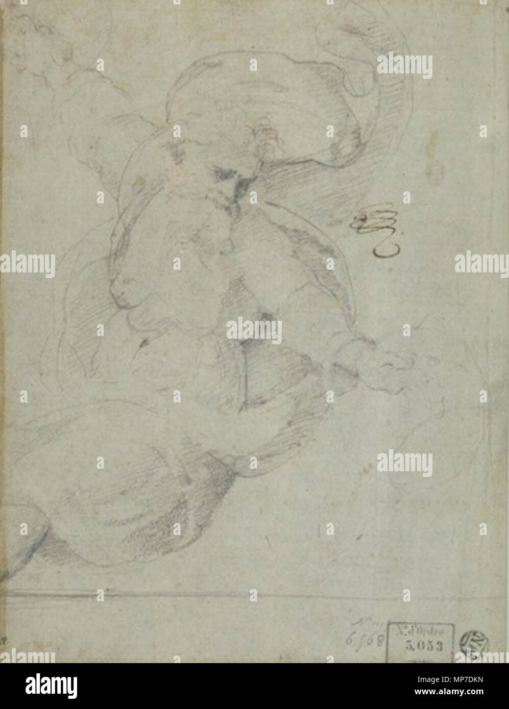 Dieu le Père créant le soleil et la lune . Probablement une étude préparatoire en vue de l'Ancien Testament, peintures murales du tambour dans la chapelle Chigi à Santa Maria del Popolo . circa 1525. 999 Piombo soleil et lune Banque D'Images