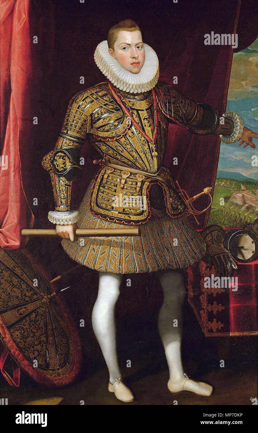 Deutsch : König Philipp III.(1578-1621) von Spanien, Bildnis dans ganzer general der Infanterie als Figur (Im Hintergrund : Die Belagerung von moulins 1601-1604) Deutsch : um 1601/1602 . 748 Juan Pantoja de la Cruz 8139 FXD Banque D'Images