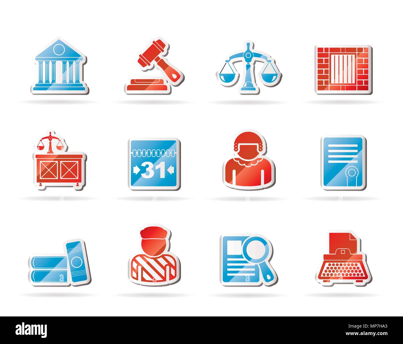 La justice et le système judiciaire - icônes vector icon set Illustration de Vecteur