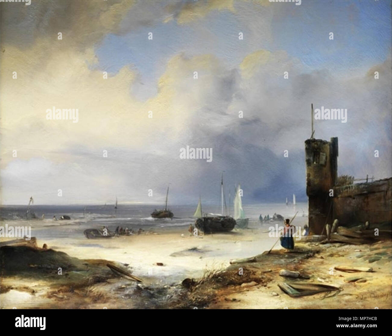 . Deutsch : Niederländischer mit Fischerbooten und von Leuchtturmmauer. Öl auf Holz, 40 x 50,5 cm, rechts unten signiert. 1833. Jacob Jacobs (1812-1879) 685 Jacobs1 Banque D'Images