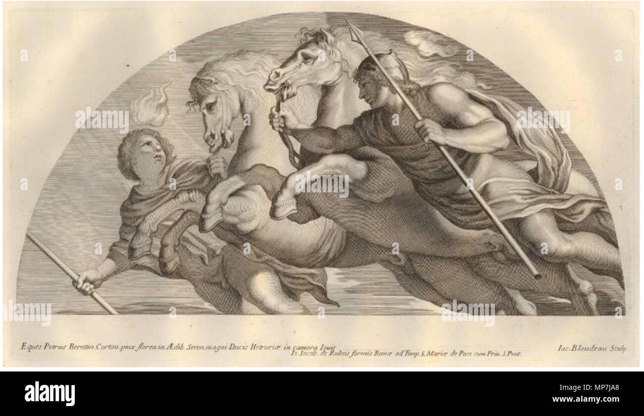 . Anglais : Heroicae virtutis imagine (Images d'actes héroïques) ; impression faite par : Jacques Blondeau Après : Pietro da Cortona, publié par : Giovanni Giacomo de Rossi, date c. 1677, publié à Rome, de gravure la gravure , hauteur : 189 mm, largeur : 334 mm (plaque), Hauteur : 364 mm, Largeur : 480 mm (image), le British Museum Castor et Pollux tenant les rênes des deux chevaux, après Pietro da Cortona's lunette dans la Sala di Giove du Palais Pitti à Florence . 17e siècle. Jacques Blondeau 689 Jacques Blondeau - Heroicae virtutis imagine (images d'actes héroïques) Banque D'Images