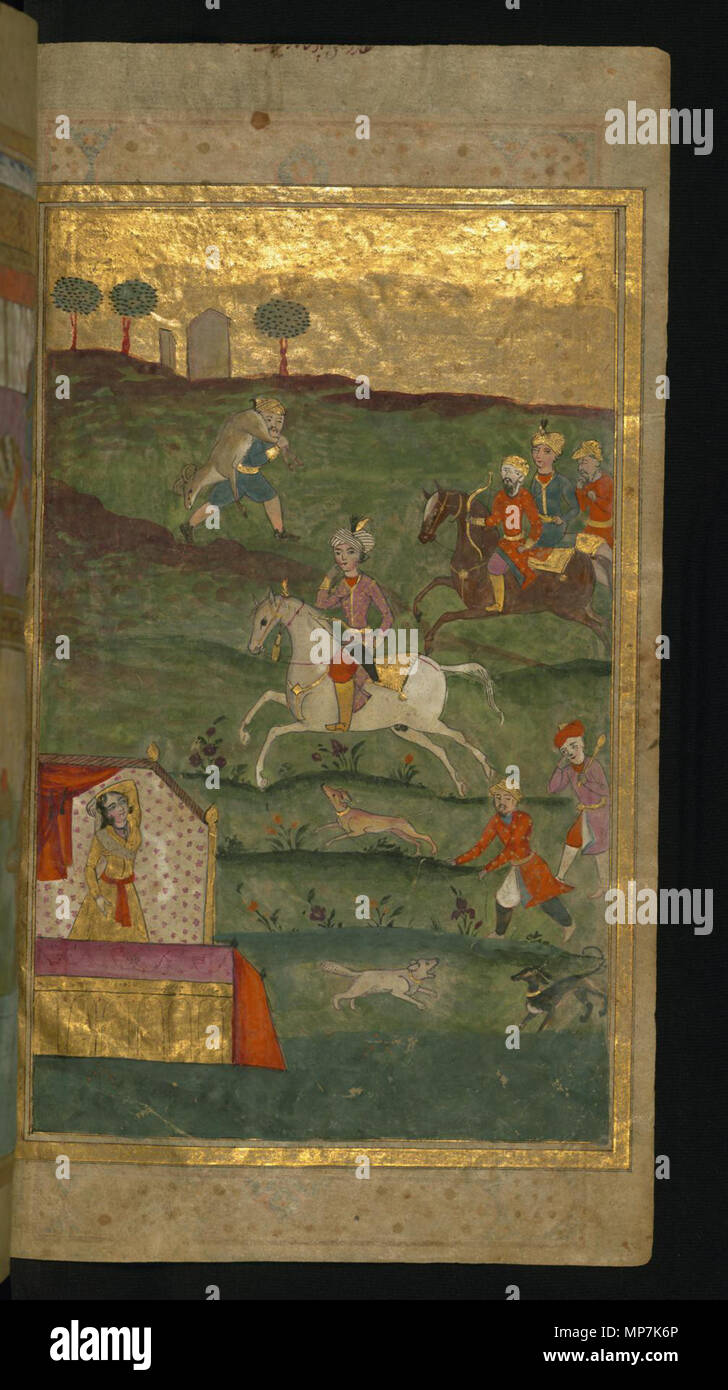Un Prince qui reviennent d'une chasse et d'une femme dans un pavillon. Anglais : Ce folio de Walters manuscrit W.626 est le côté droit d'une double-page frontispice illustré présentant le 1er livre (daftar) du Masnavi. Un prince est montré à cheval avec un geste de surprise qu'une femme attend dans un pavillon. . 1663 Hijri历 (AD1073). Rumi (1207-1273) Noms alternatifs Rumi, Mevlânâ Celâleddîn-i Rûmî, Jalāl ad-Dīn Muḥammad Balkhī, Jalal al-Din Rumi, Maulana, Mevlānā جلال‌الدین Mawlānā, فارسی : محمد بلخى Description poète persan, juriste et théologien Date de naissance/décès 30 Septembre 1207 Banque D'Images