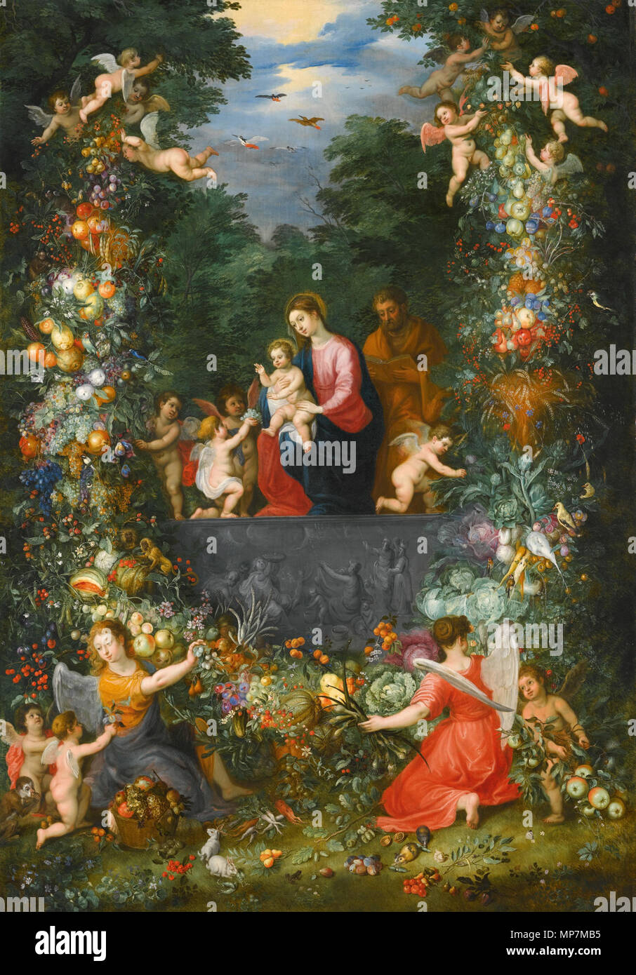 La Sainte Famille à l'intérieur d'une guirlande de fleurs, de fruits et légumes tenu par des anges . Jan Brueghel le Jeune (1601-1678) Noms alternatifs Jan Bruegel (II), Jan Brueghel (II), Jan Brueghel le jeune peintre et dessinateur Flamand Description Date de naissance/décès 13 septembre 1601 (baptisé) 1er septembre 1678 Lieu de naissance/décès Anvers Anvers lieu d'Italie (1622-août 1625), Anvers (1625-1678) contrôle d'autorité : Q285933 : VIAF 42046414 ISNI : 0000 0000 8376 3302 ULAN : 500013747 RCAC : n85095027 : WGA, Jan Brueghel le Jeune WorldCat et d'Hendrick van Balen (1575- Banque D'Images