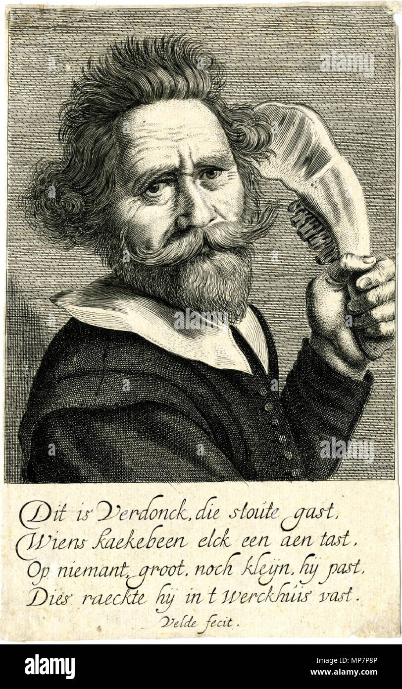 . Anglais : gravure portrait de Pieter Verdonck (comme Samson avec une mâchoire) après Frans Hals ; poème inscription "c'est Verdonck, die stoute gast, Wiens / kaekebeen elck een aen tast, / Op niemant, groot, noch kleyn, hy passé, / raeckte meurt dans Werckhuis t hy grande.' et 'ci-dessous signé Velde fecit". . 1627. 702 Jan van de Velde II - portrait gravé de Verdonck après Frans Hals Banque D'Images