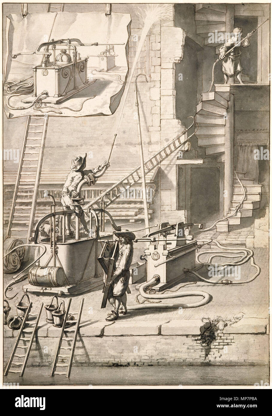 Comparaison de l'ancienne caserne les moteurs avec Van der Heijden flexible du moteur d'incendie 1685 - 1690. 702 Jan van der Heyden - Comparaison de l'ancienne caserne les moteurs avec Van der Heijden flexible du moteur d'incendie Banque D'Images