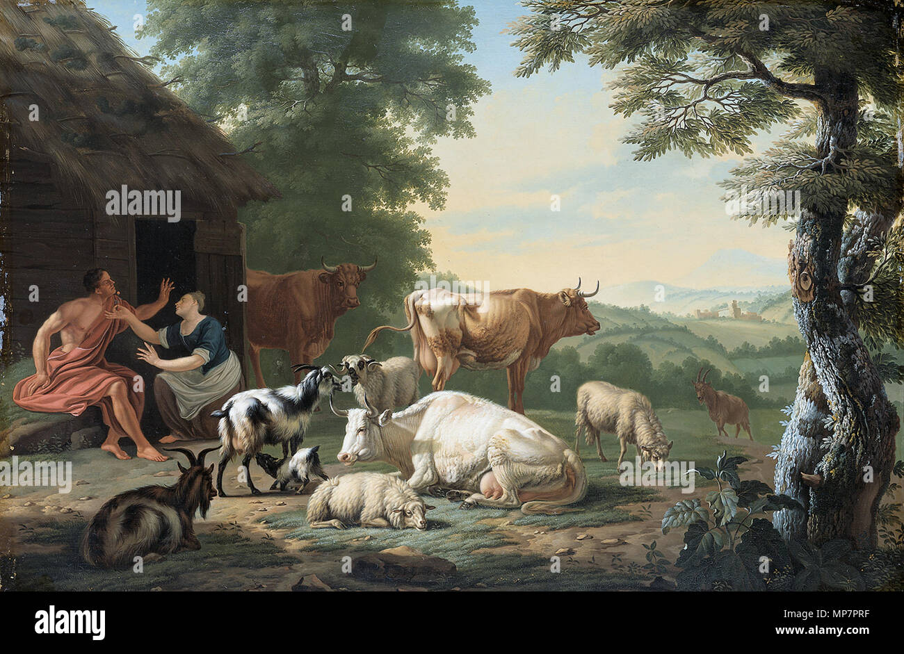 Paysage avec bergers arcadiens et des animaux. Paysage avec bergers arcadiens et des animaux. À la porte d'une ferme d'une femme agenouillée est titulaire d'une fleur en face de la face d'un assis berger. À droite les vaches, moutons et chèvres. À droite aussi un paysage vallonné. Entre 1700 et 1763. 703 Jan van Gool-éleveurs rencontrés landschap Banque D'Images