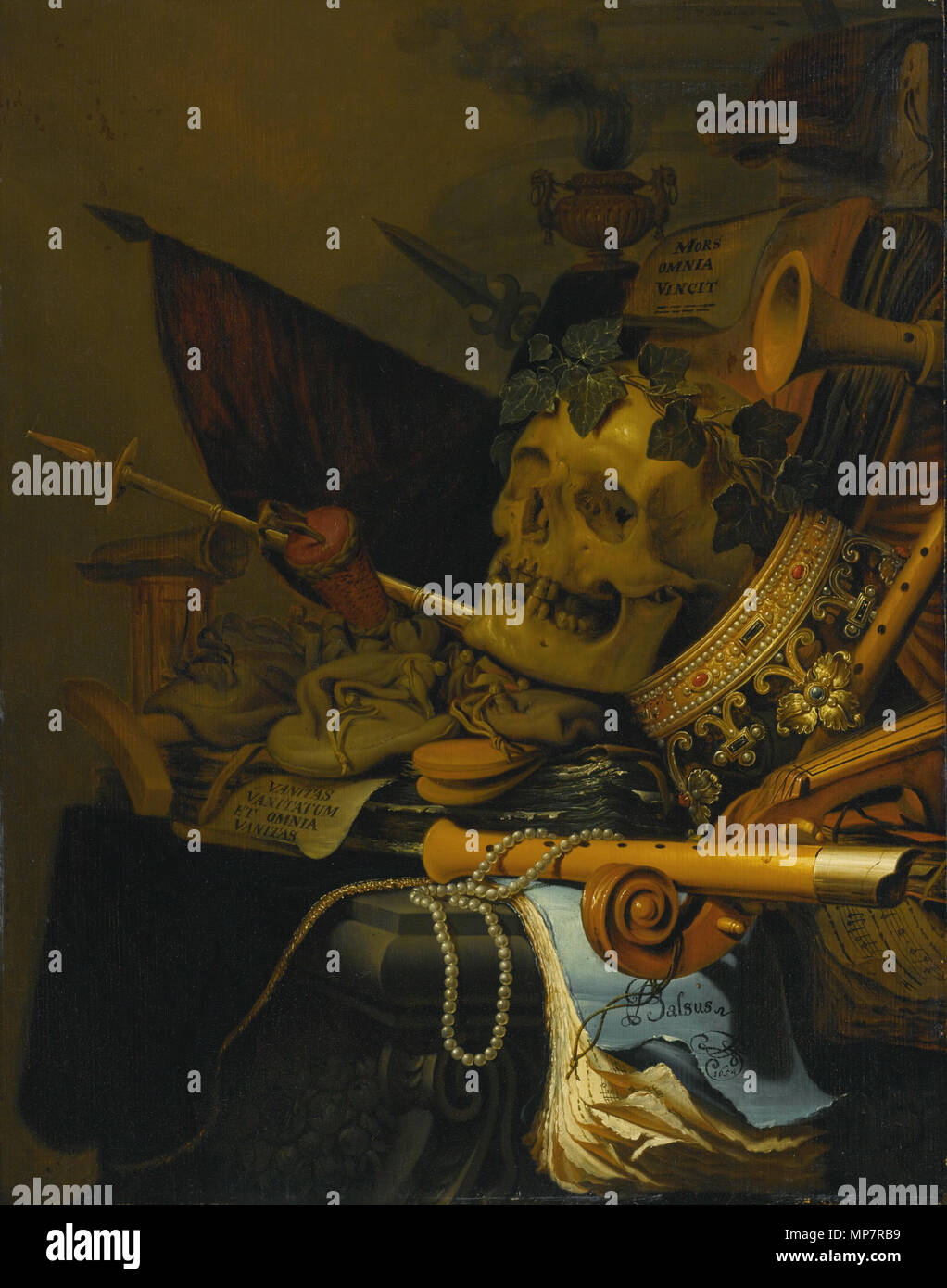 . Vanitas still life. signé, en haut à droite : J. C. Meulen. et daté sur la partition, en bas à droite : 1654. inscrit sur deux feuilles de papier : MORS VINCIT OMNIA / / (décès) ; et conquiert tous les / Vanitas vanitatum ET OMNIA VANITAS / / (Ecclésiaste 1:2, Vanité des vanités, tout est vanité). huile sur panneau, 73,3 par 57,8 cm. 1654. 705 Jan Vermeulen Vanitas still life Banque D'Images