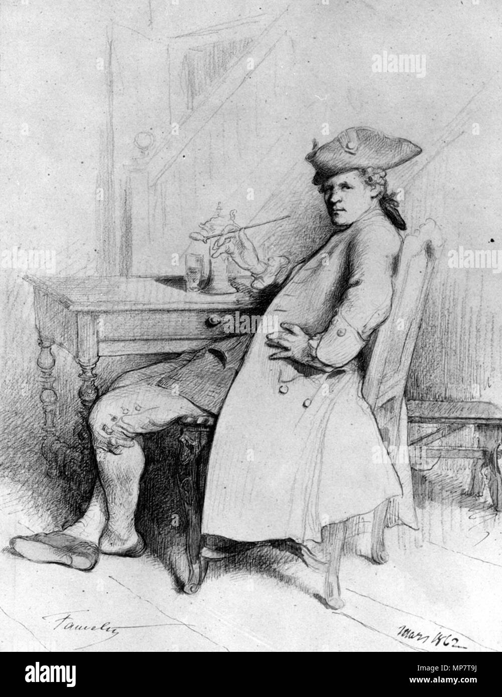 Jean-Baptiste Fauvelet (Français, 1819-1883). 'Jeune homme' avec tuyau, 1862. aquarelle et graphite sur la crème, moyennement épais, légèrement texturé, papier vélin. Walters Art Museum (37,1634) : Acquis par William T. Walters. 37,1634 709 Jean Baptiste Fauvelet - Jeune homme à la Pipe - Walters 371634 Banque D'Images