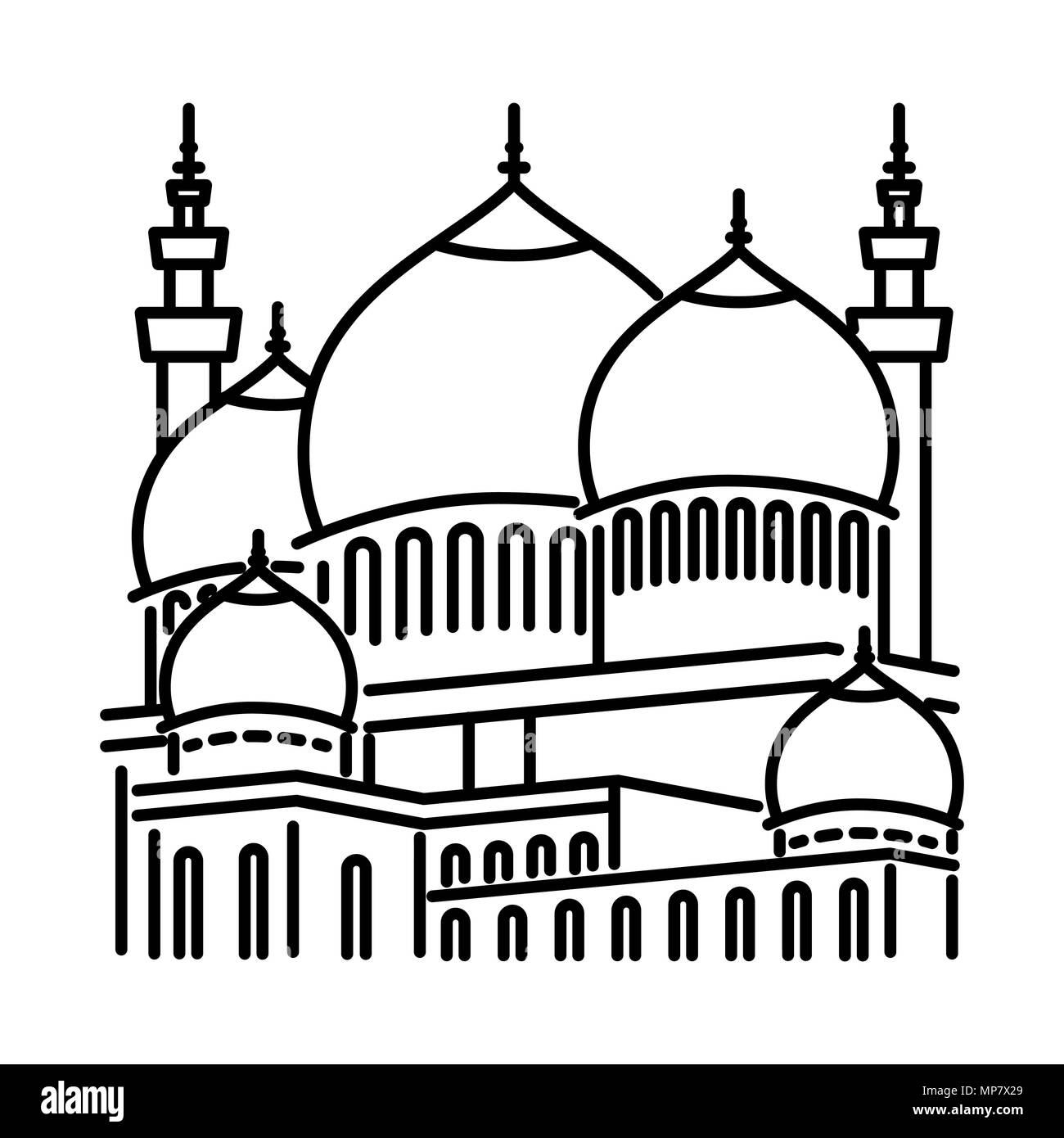 L'icône de la ligne de contour de la mosquée, vecteur de signer, style linéaire isolé sur blanc pictogramme. Symbole, logo illustration. Illustration de Vecteur