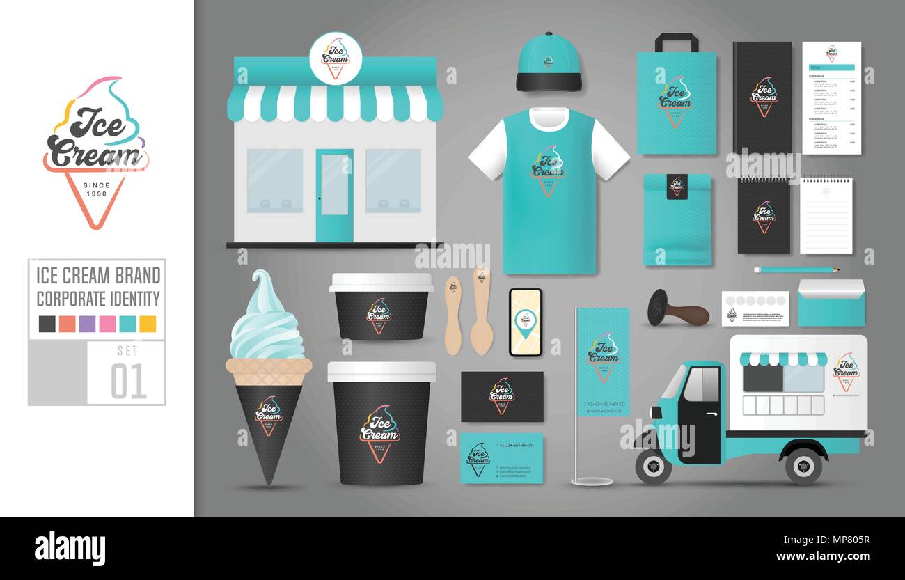 L'identité de l'entreprise Paramétrage du modèle 1. Concept de logo pour ice cream shop, café, restaurant. Modèle de simulation réaliste jeu de boutique, voiture, t-shirt, casquette, tasse, Illustration de Vecteur