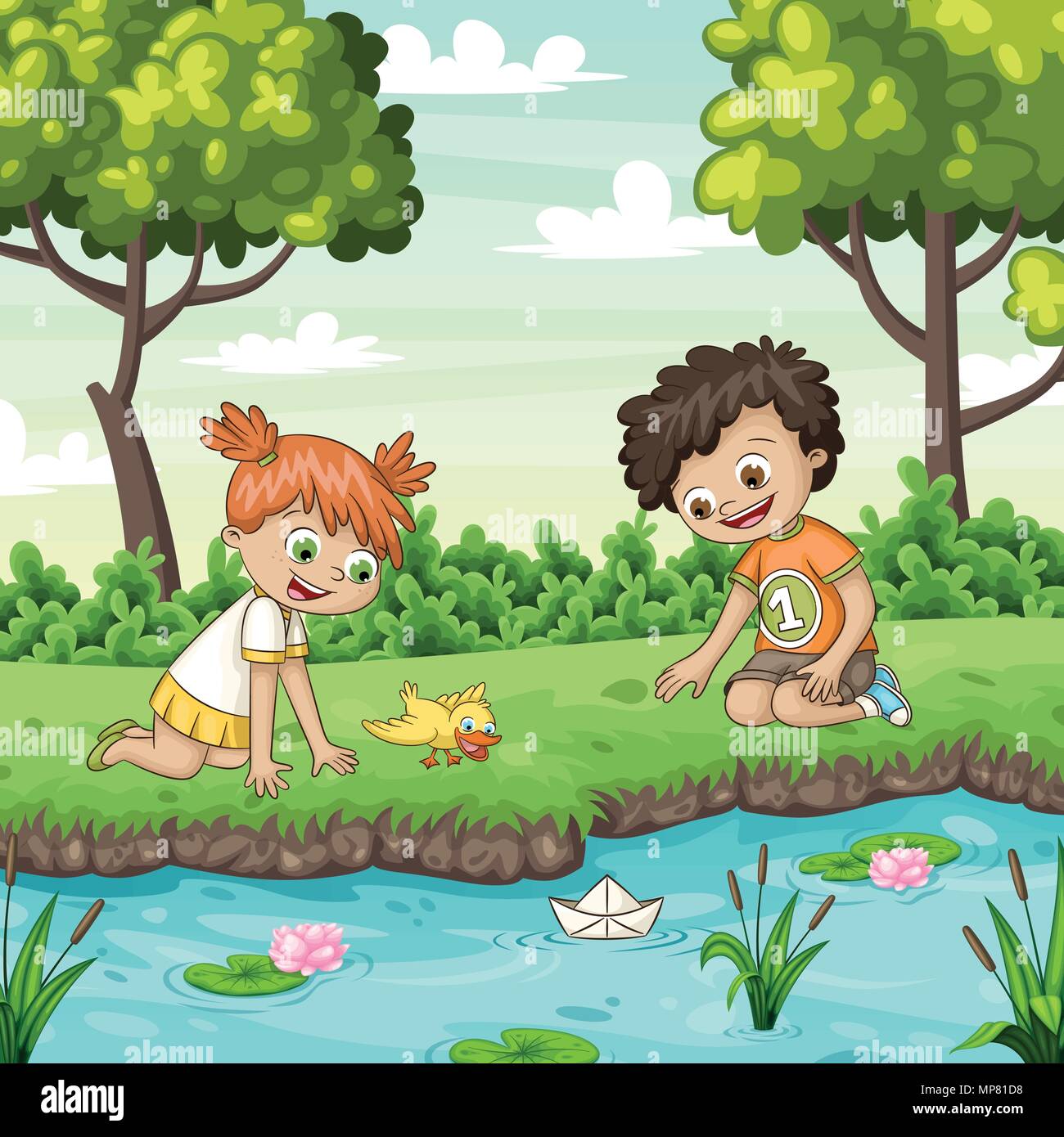 Deux enfants jouent avec un bateau par al lake Illustration de Vecteur