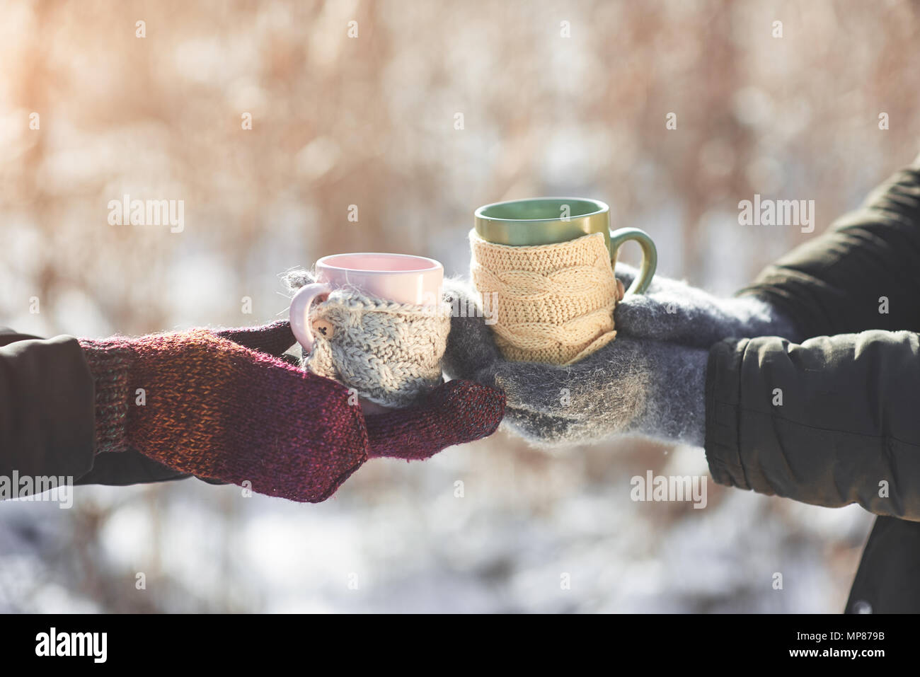 Deux mains dans des moufles prendre un café avec du thé chaud dans winter  park Photo Stock - Alamy