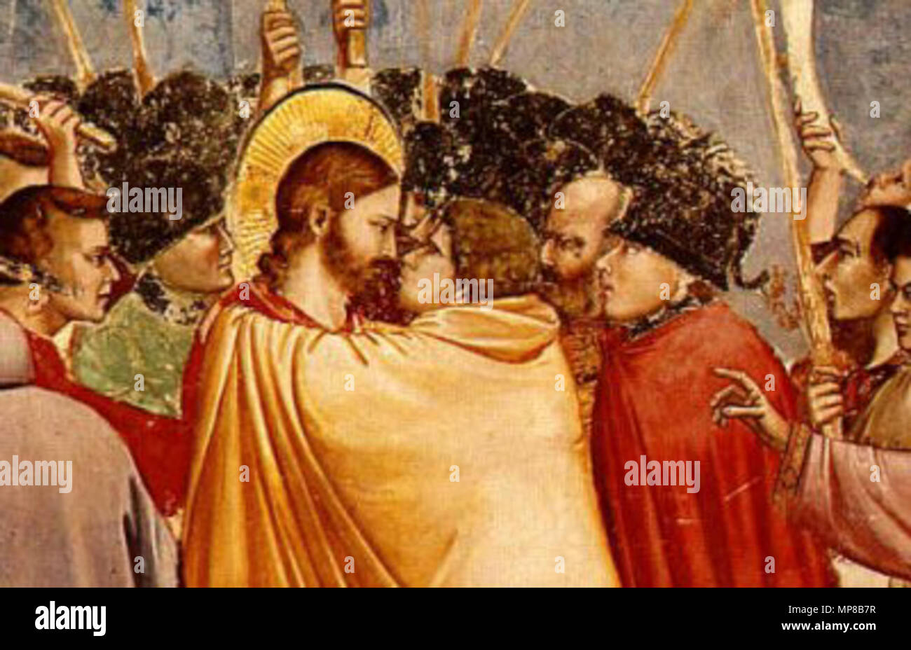Anglais : n° 31 scènes de la vie du Christ : 15. L'Arrestation du Christ (baiser de Judas) . Anglais : le disciple sur la gauche, qui blessures un soldat avec son couteau, est Saint Pierre. . Entre 1304 et 1306. 718 Jésus et Judas, par Giotto (chapelle des Scrovegni, Padoue) Banque D'Images