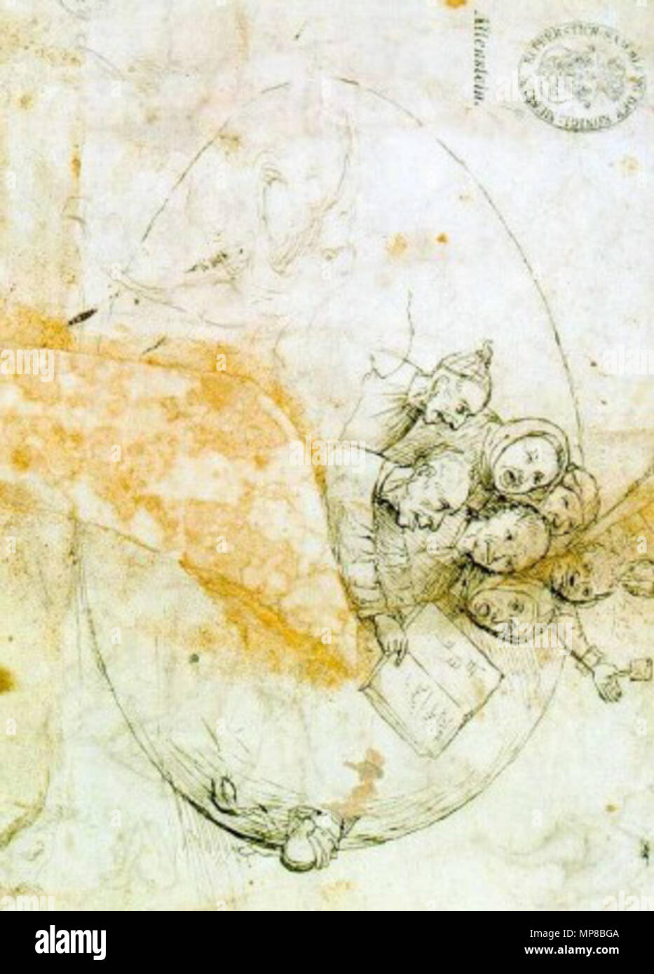 . Chanteurs dans l'oeuf.[1] La plume et encre brune sur papier ( ?). 257 × 176 mm. Berlin, Staatliche Museen zu Berlin, Kupferstichkabinett. Titre alternatif(s) : une société d'hommes à l'intérieur d'un oeuf cassé.[2] . Entre 1465 et 1516. Peut-être même Jheronimus Bosch (ch. 1450, 's-Hertogenbosch ( ?) - 1516, idem) 719 Bosch Jheronimus Zangers in het ei tourné Banque D'Images