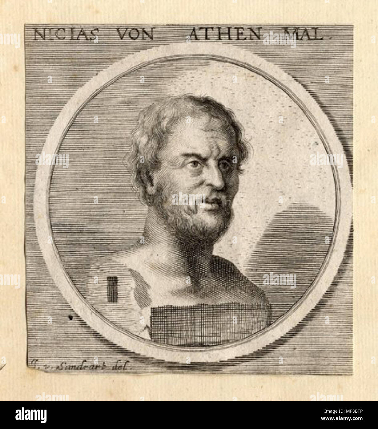 . Anglais : Portrait de Nicias d'Athènes. Taille : 10 x 10 cm (3,9 x 3,9 po). La gravure sur cuivre originale sur vierge (avec chainlines) type de support papier. Italiano : Ritratto di di Atene Nicia. Dimensions : 10 x 10 cm. Incisione su rame, calcografia su carta vergine. 1675. Joachim von Sandrart (12 mai 1606 - 14 octobre 1688) 720 Joachim von Sandrart (1606-1688) - d'Athènes Nicias Banque D'Images