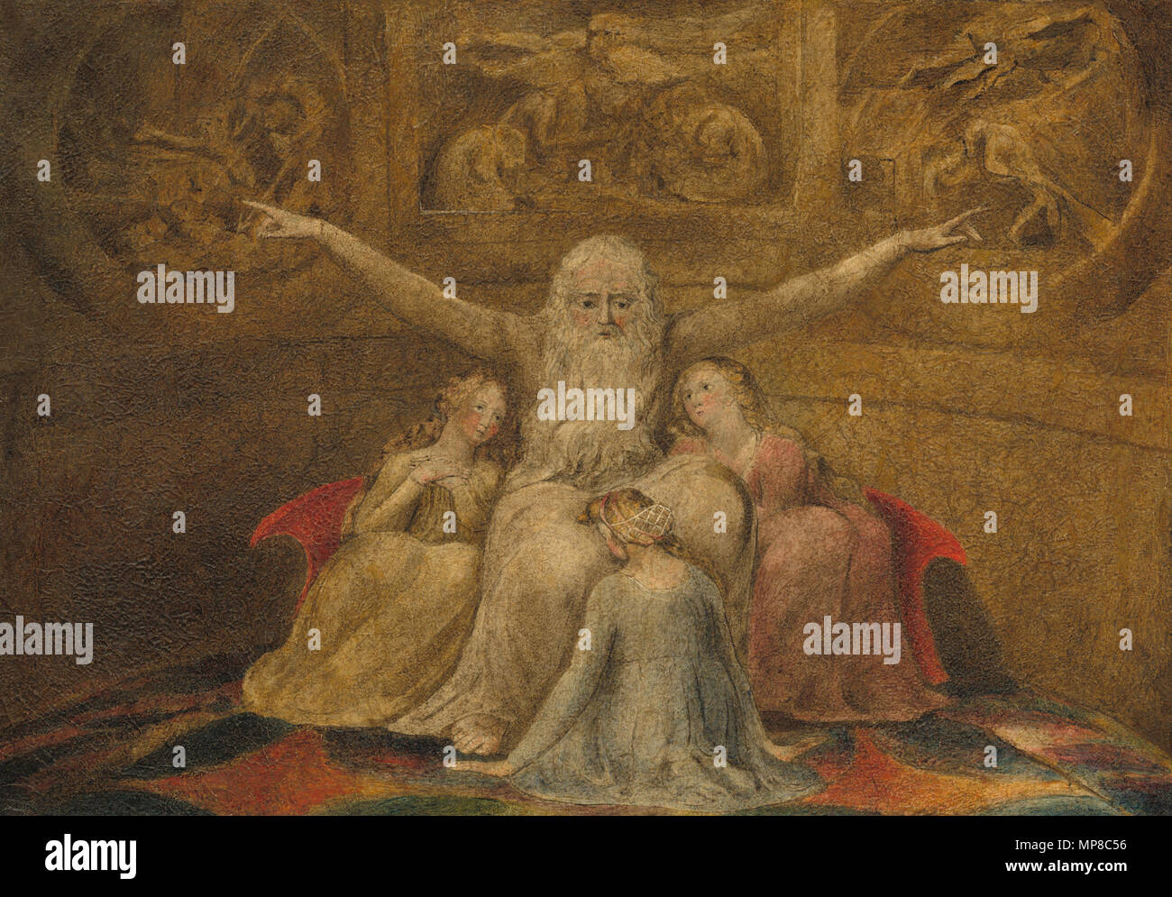 Peinture tempera et stylo sur toile ; total : 27,3 x 38,4 cm (10 3/4 x 15 1/8 in.) Encadré : 40,6 x 51,4 cm (16 x 20 1/4 in.) ; travail et ses filles. Anglais : illustrant le livre de Job. . 1800. 721 Travail et ses filles(tempera) Banque D'Images