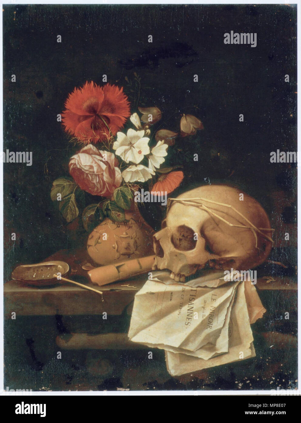 Anglais : Vanitas avec vase de fleurs et du crâne sur la page de titre de  Le miroir des plus belles courtisannes de ce temps (d'abord publié en 1631,  il avait