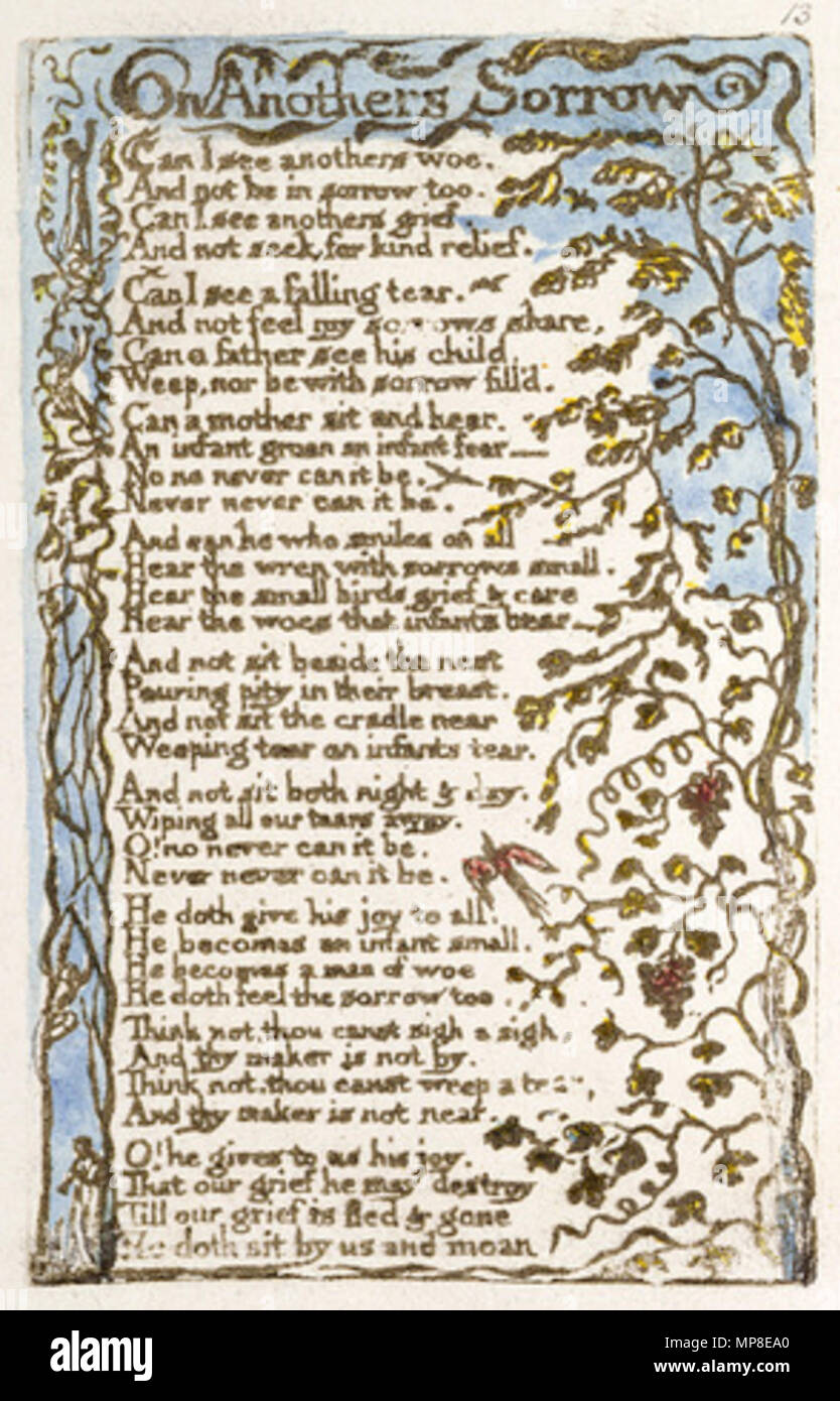 . Anglais : chants d'innocence et d'expérience, une copie, 1795 (British Museum) 15-27 Sur Anothers tristesse . 12 février 2007, 07:55:51. William Blake (1757-1827) Noms alternatifs W. Blake ; Uil'iam Bleik Description La peintre, poète, écrivain, théologien, collectionneur et graveur Date de naissance/décès 28 Novembre 1757 12 août 1827 Lieu de naissance/décès Broadwick Street London Charing Cross lieu de travail contrôle d'autorité : Q41513 : VIAF 54144439 ISNI : 0000 0001 2096 135X ULAN : 500012489 RCAC : n78095331 NLA : 35019221 Catégorie WorldCat:William Blake c'est un fidèle photogr Banque D'Images