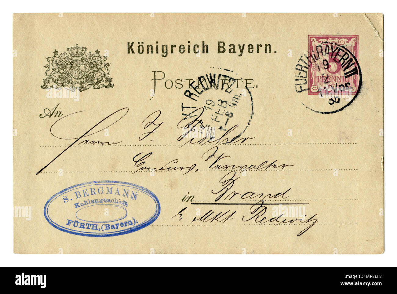 Carte postale ancienne de la fin du xixe siècle, lettre commerciale, armoiries, cachet, timbre. 1885, le Royaume de Bavière, Empire allemand, Allemagne Banque D'Images