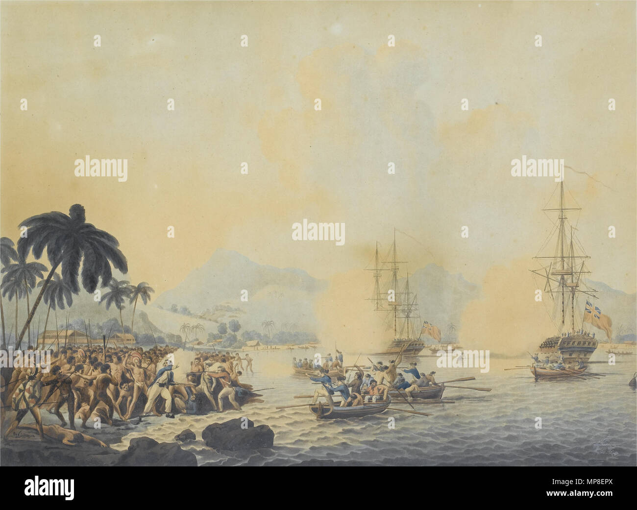 . Anglais : Vues des Mers du Sud, une série de quatre. 1. Avis de Huaheine, l'une des îles de la société ; 2. Vue de la Morée, l'une des îles amicales ; 3. Avis de Charlotte en Nouvelle-Zélande (sic, en fait une vue sur la baie de Matavai, Tahiti) ; 4. Voir d'Owhyhee, une des îles Sandwich (aussi connu sous le nom de "La mort de Cook') à la main, aquatintes publiées par F. Jukes en 1787-1788. 43 x 59cm (16 15/16 x 23 1/4in) (taille de l'image) (4). Ce rare ensemble de quatre aquatintes porte de Cook's troisième voyage. Les aquarelles d'où ces impressions étaient gravés ont été peintes par James Carpenter, invités sur le HMS Reso Banque D'Images