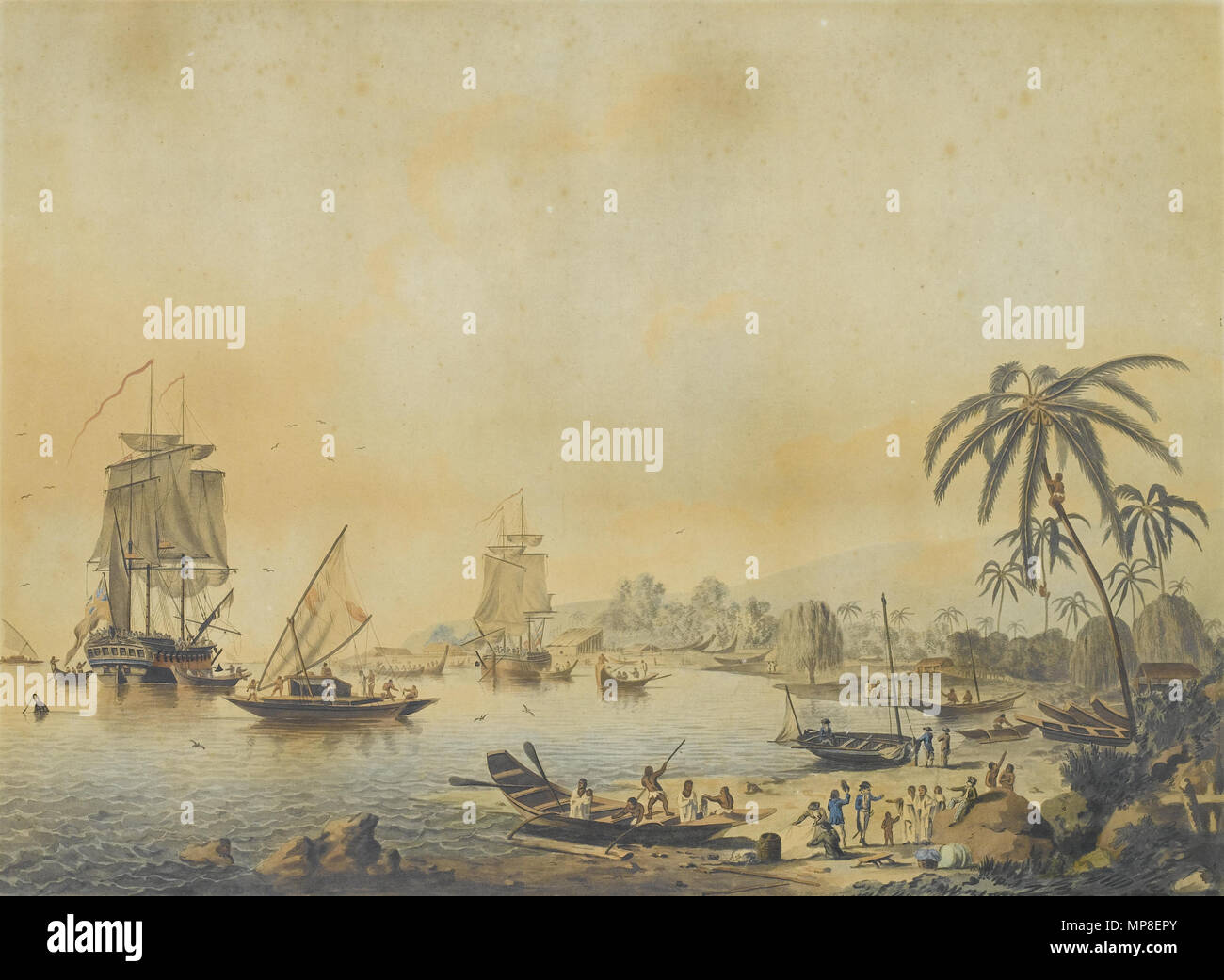 . Anglais : Vues des Mers du Sud, une série de quatre. 1. Avis de Huaheine, l'une des îles de la société ; 2. Vue de la Morée, l'une des îles amicales ; 3. Avis de Charlotte en Nouvelle-Zélande (sic, en fait une vue sur la baie de Matavai, Tahiti) ; 4. Voir d'Owhyhee, une des îles Sandwich (aussi connu sous le nom de "La mort de Cook') à la main, aquatintes publiées par F. Jukes en 1787-1788. 43 x 59cm (16 15/16 x 23 1/4in) (taille de l'image) (4). Ce rare ensemble de quatre aquatintes porte de Cook's troisième voyage. Les aquarelles d'où ces impressions étaient gravés ont été peintes par James Carpenter, invités sur le HMS Reso Banque D'Images