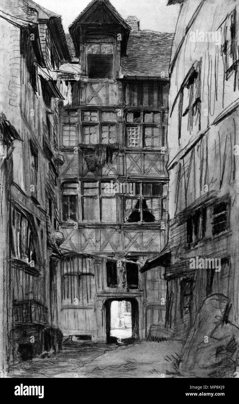 Jules-Ferdinand Jacquemart (Français, 1837-1880). 'Intérior de Cour à Rouen, ca. 1850. craie noire sur bleu-blanc, légèrement, modérément épais vélin texturé. Walters Art Museum (37,1978) : Acquis par William T. Walters, 1881. 37,1978751 Jules-Ferdinand Jacquemart - Intérieur de cour à Rouen - Walters 371978 Banque D'Images