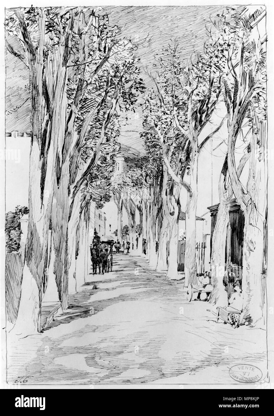 Jules-Ferdinand Jacquemart (Français, 1837-1880). 'Les Platanes en hiver, route de Nice', s.d.. l'encre de noix de galle et stylo avec des corrections à la gouache blanche sur rond, moyen-weight, légèrement texturé, papier vélin. Walters Art Museum (37,2423) : Acquis par William T. Walters, 1881. 37,2423751 Jules-Ferdinand Jacquemart - Les Platanes en hiver, route de Nice - Walters 372423 Banque D'Images