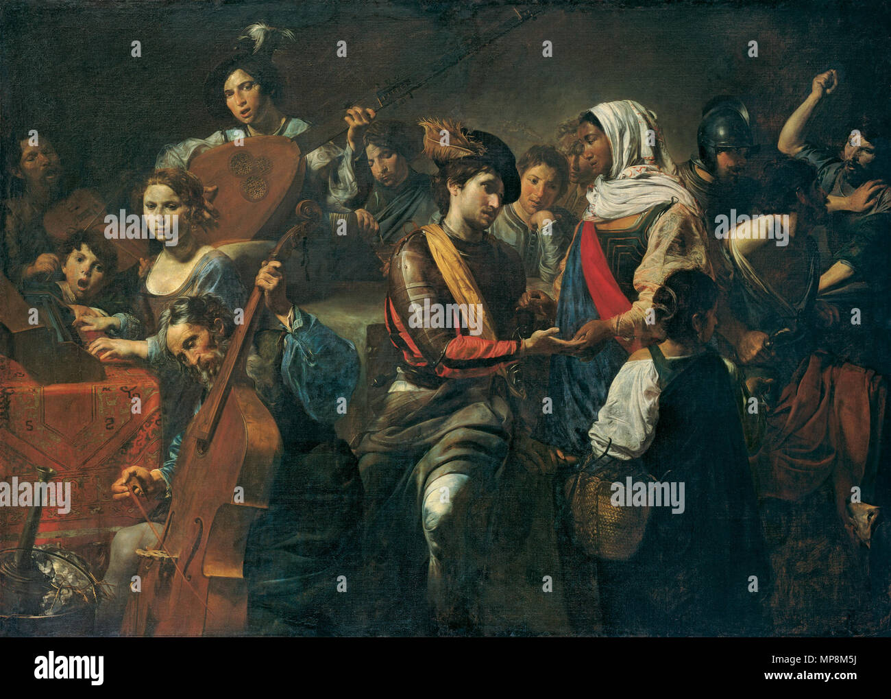 01 . Anglais : Fin des travaux commandés par un aristocrate sicilien vivant à Madrid, Fabrizio Valguarnera, lorsque sur une visite à Rome en 1631 : "Une photo de personnes avec un gitan, avec des soldats et autres femmes jouant des instruments". De forts contrastes de lumière et d'ombre, connu sous le nom de clair-obscur, est calqué sur Michelangelo Merisi, dit Caravage (1571-1610). Comme dans cette peinture, Valentin se base sur l'ordre des scènes de la première période du Caravage, mais il a combiné avec l'obscurité, les couleurs très contrastées du master fin style . 1631. Valentin de Boulogne 1218 VALENTIN DE BOULOGNE Banque D'Images